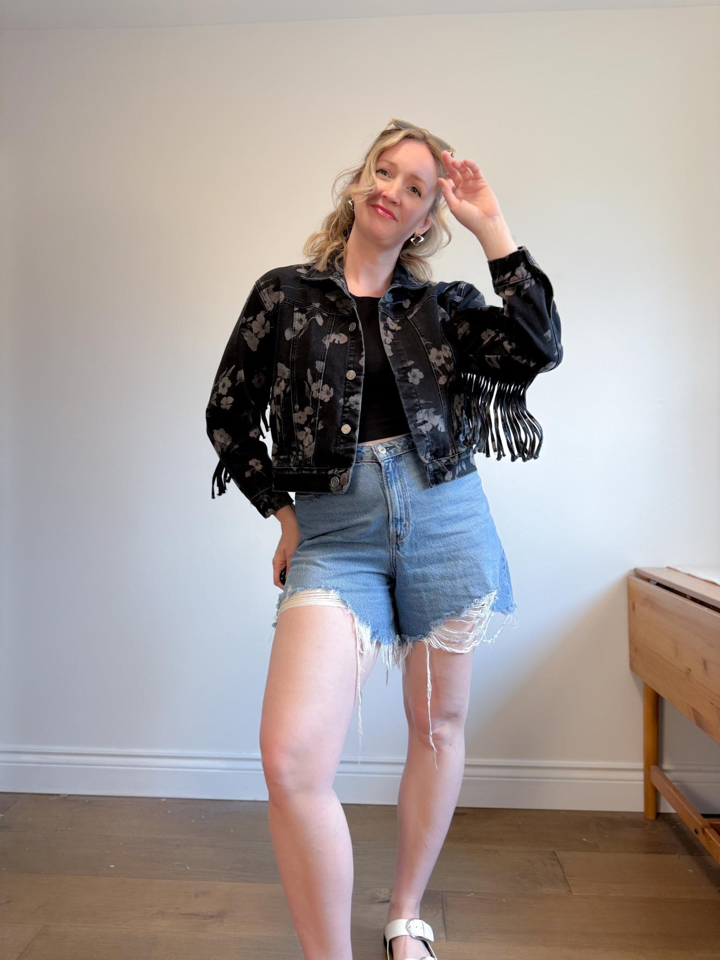 Saltwater Luxe Floral Denim Jacket with Tassels (Size S/M)