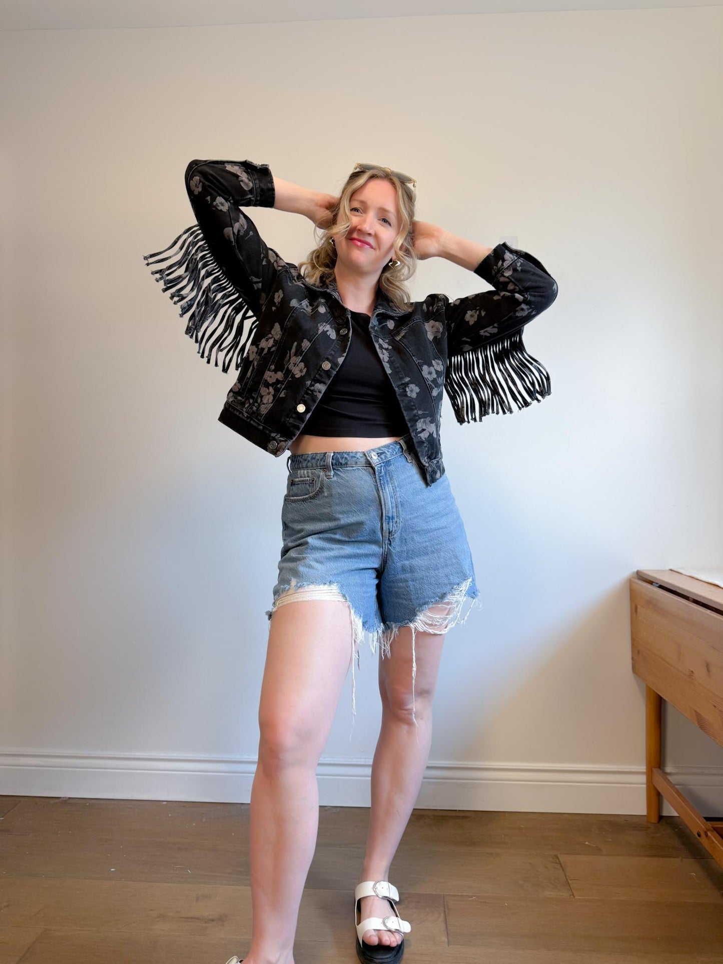 Saltwater Luxe Floral Denim Jacket with Tassels (Size S/M)