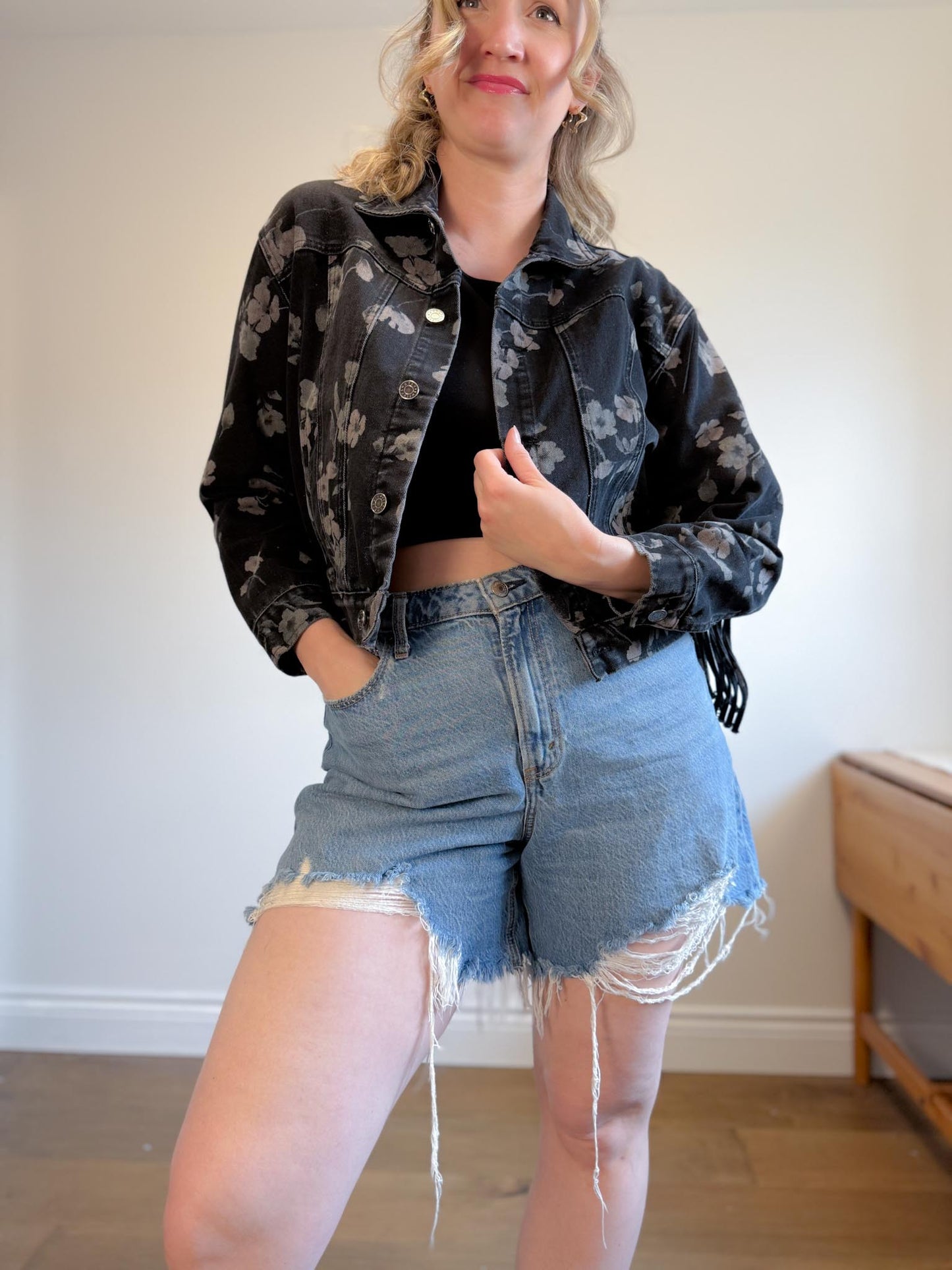 Saltwater Luxe Floral Denim Jacket with Tassels (Size S/M)