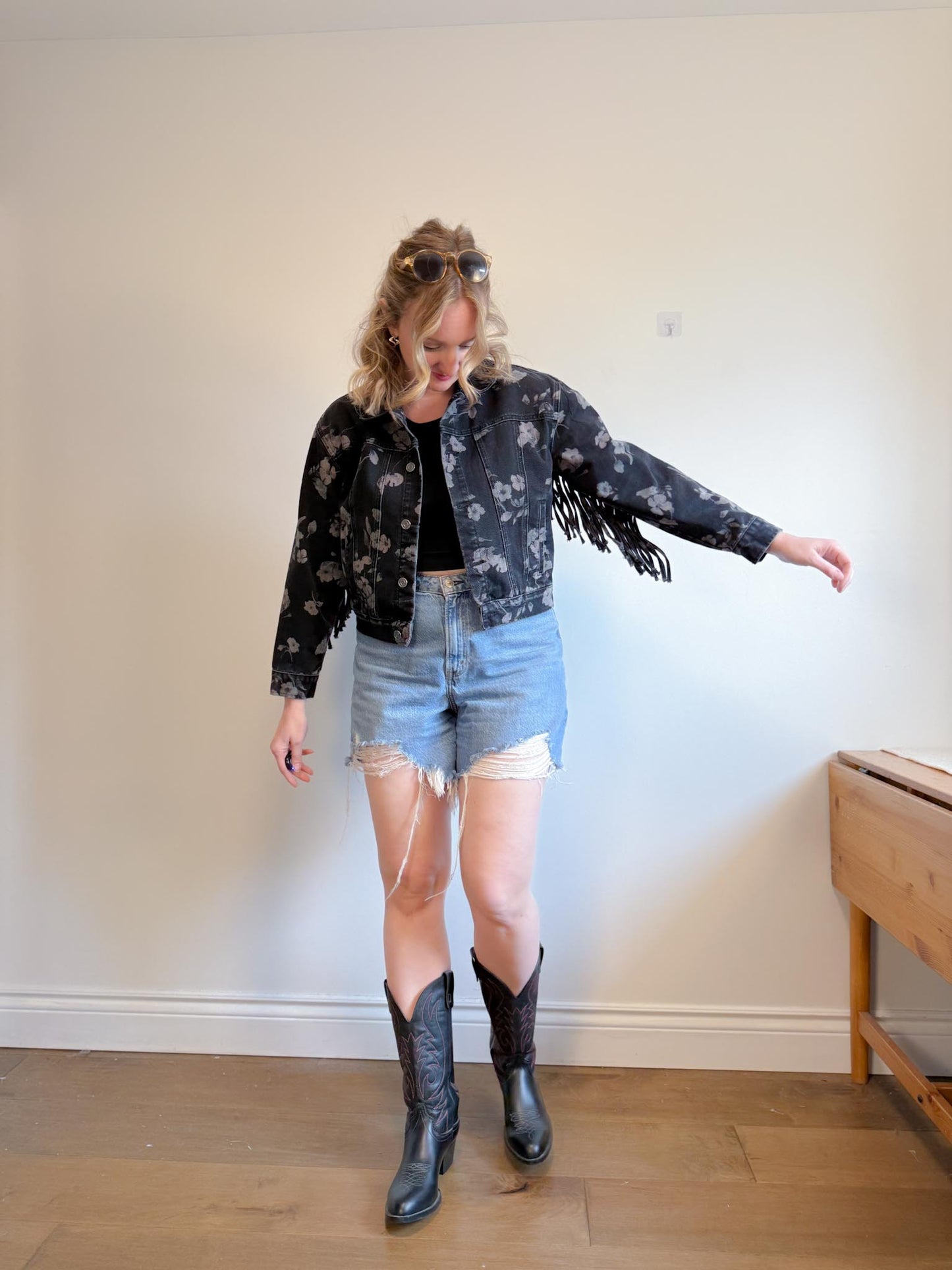 Saltwater Luxe Floral Denim Jacket with Tassels (Size S/M)