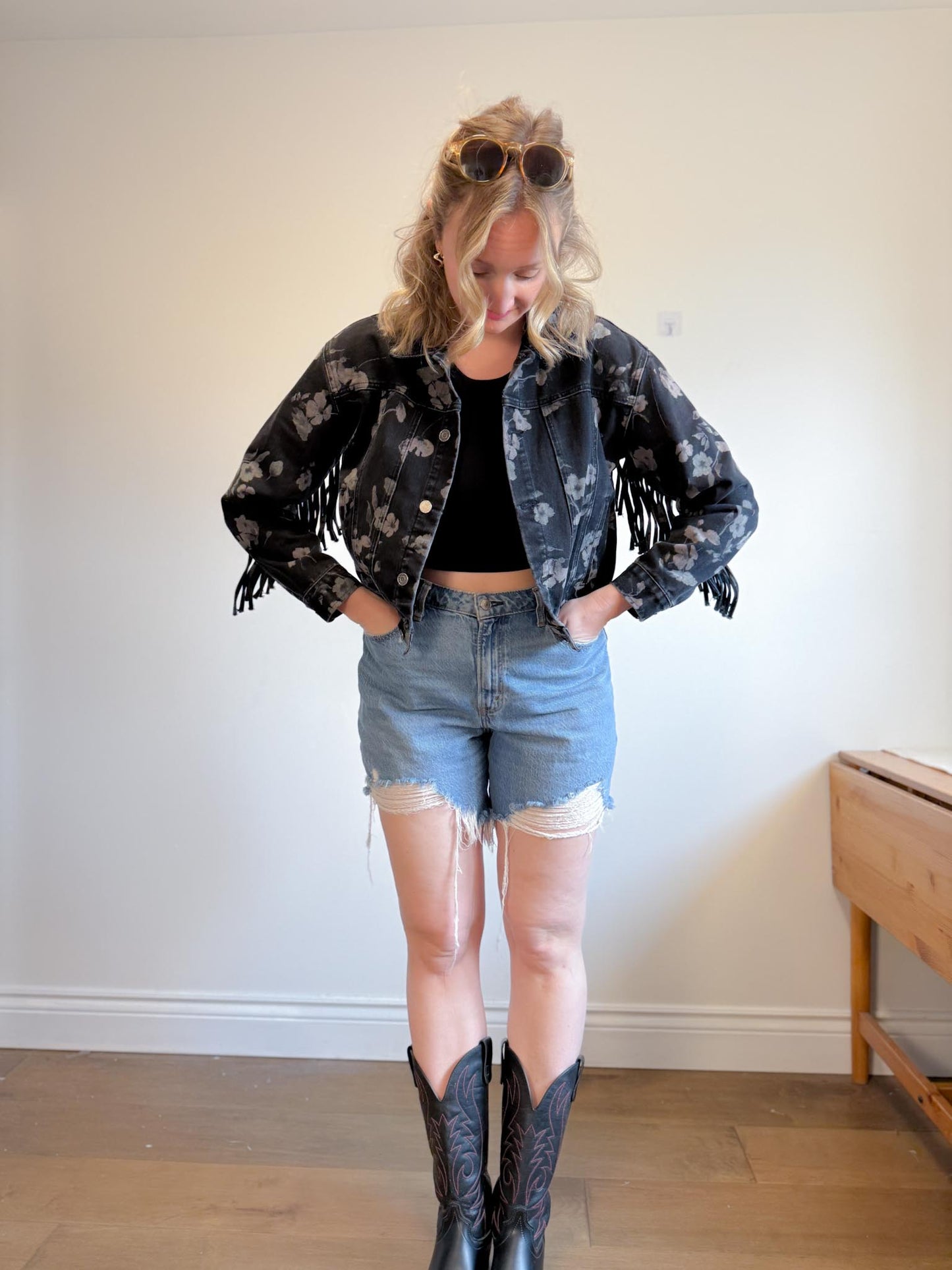 Saltwater Luxe Floral Denim Jacket with Tassels (Size S/M)