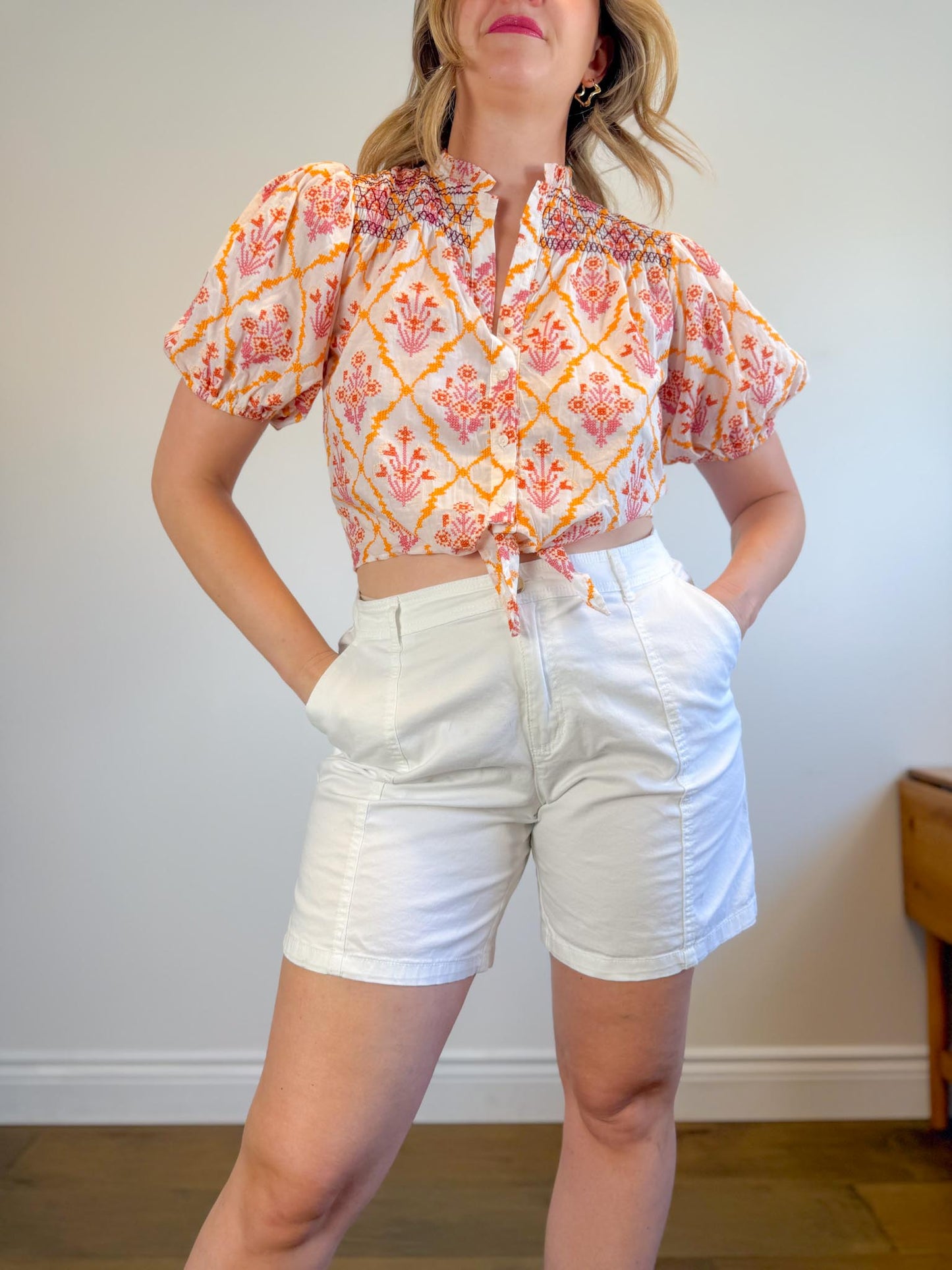 Maje Embroidered Cropped Blouse with Front Tie in White/Pink/Orange (Size M)