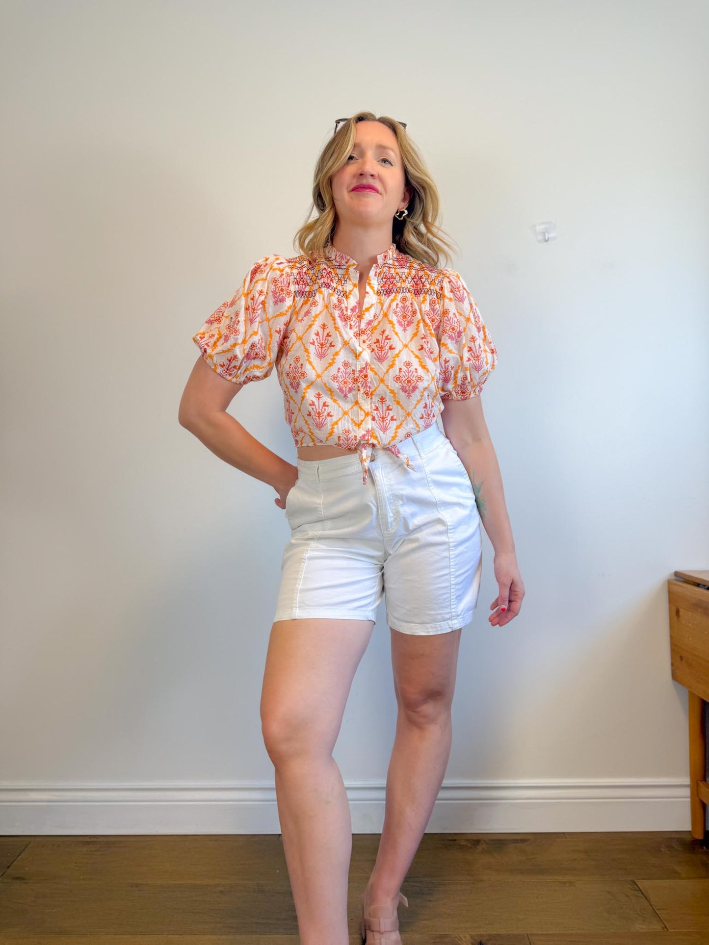 Maje Embroidered Cropped Blouse with Front Tie in White/Pink/Orange (Size M)