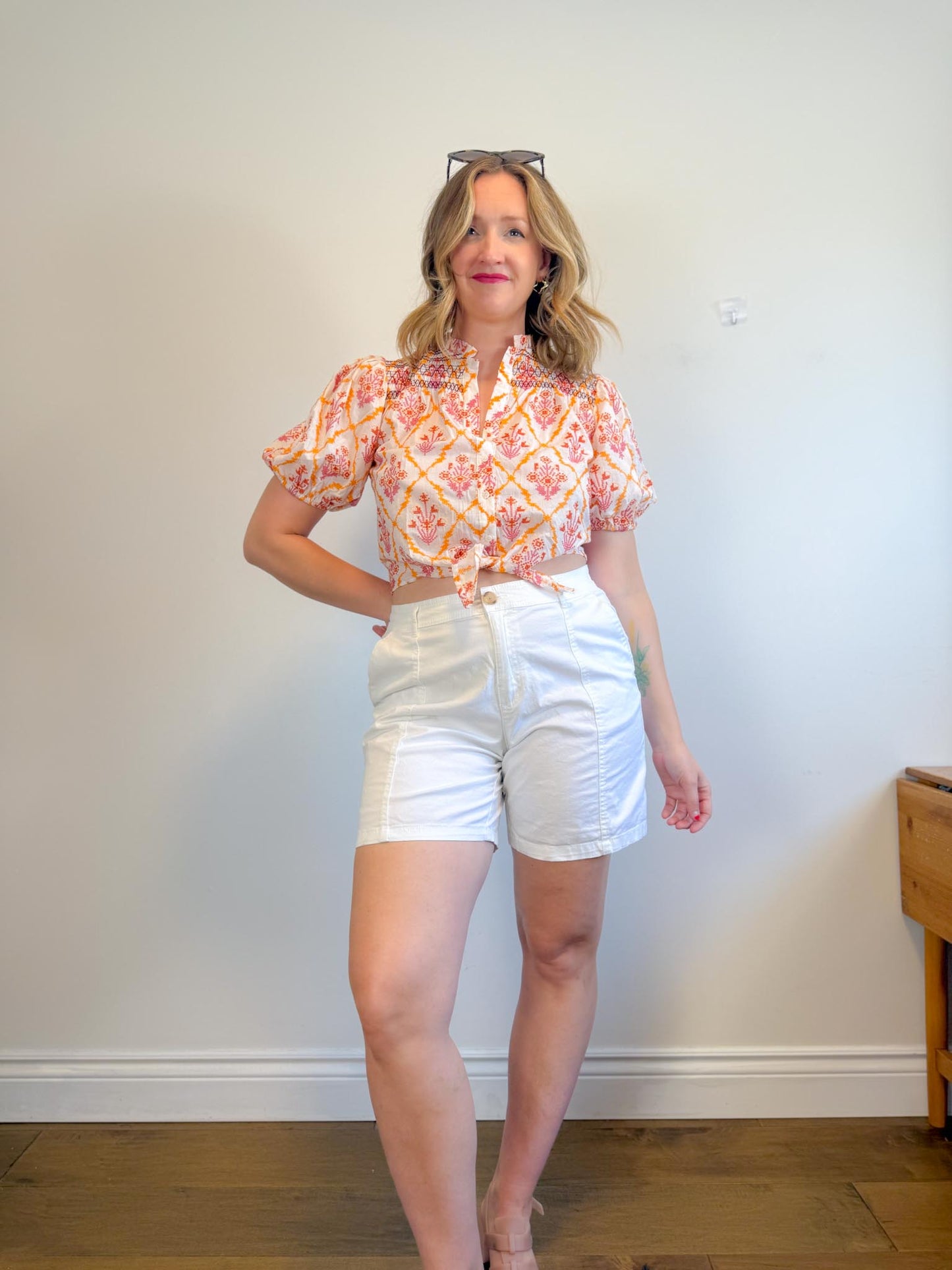 Maje Embroidered Cropped Blouse with Front Tie in White/Pink/Orange (Size M)