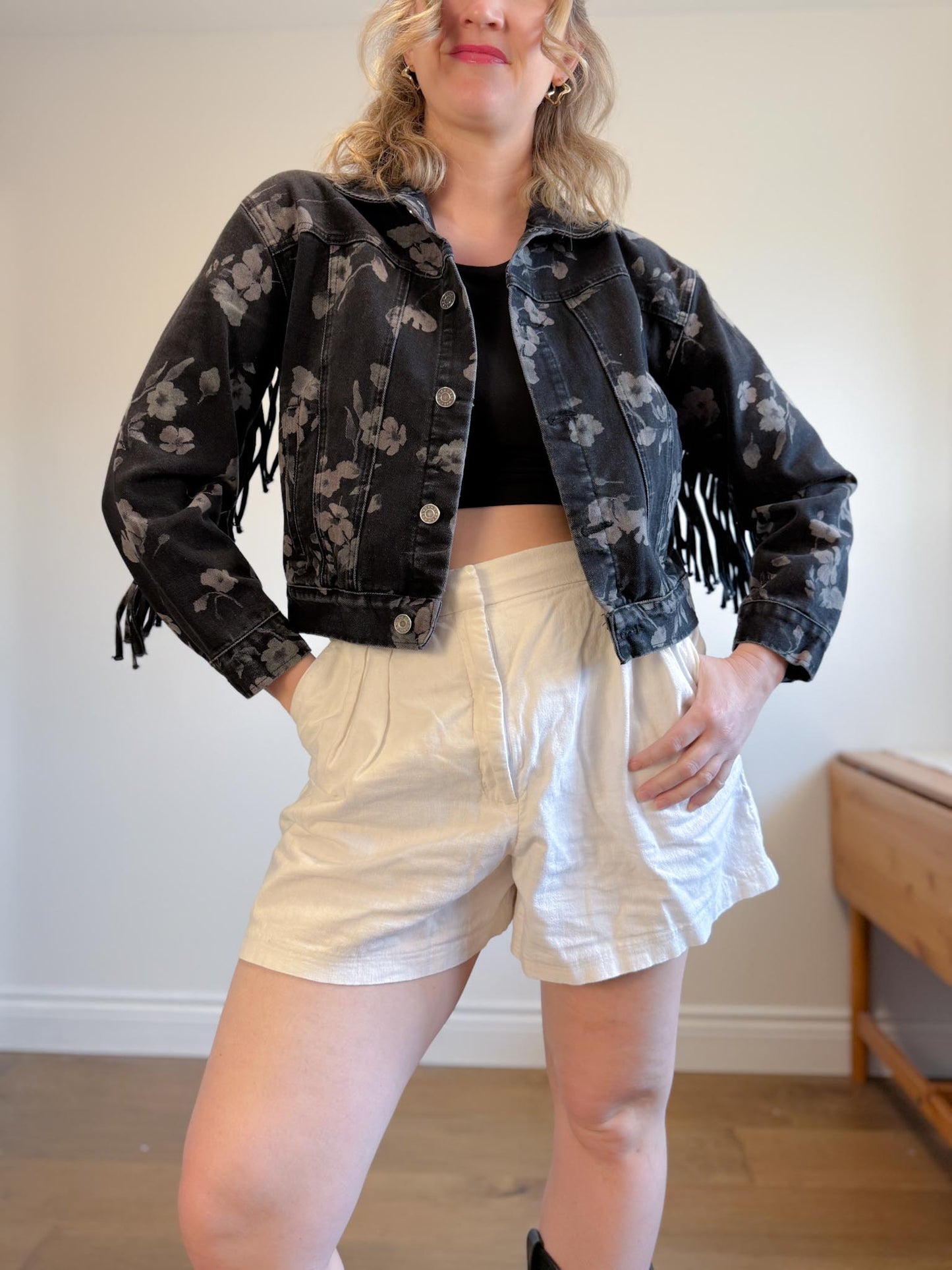 Saltwater Luxe Floral Denim Jacket with Tassels (Size S/M)