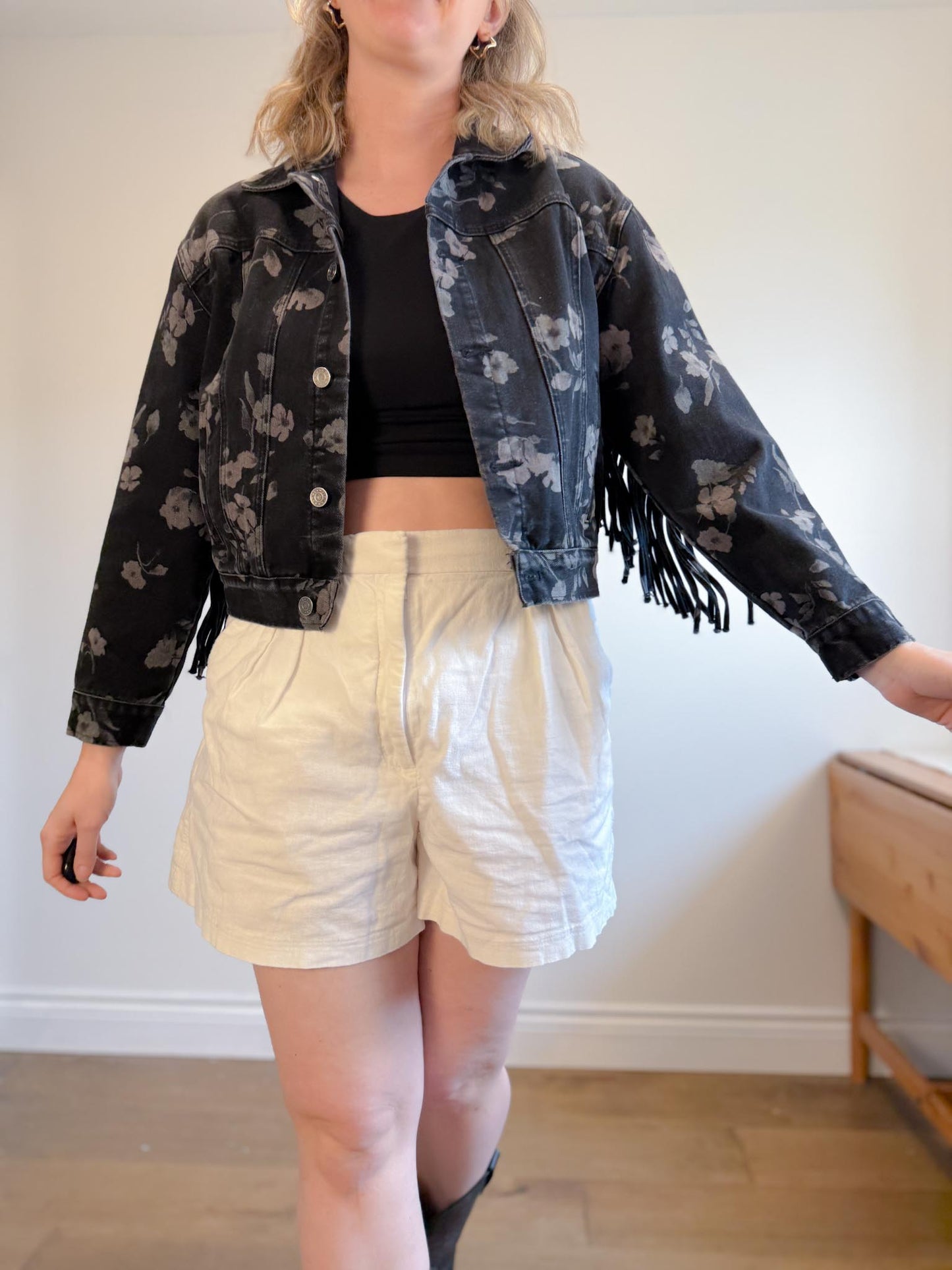 Saltwater Luxe Floral Denim Jacket with Tassels (Size S/M)