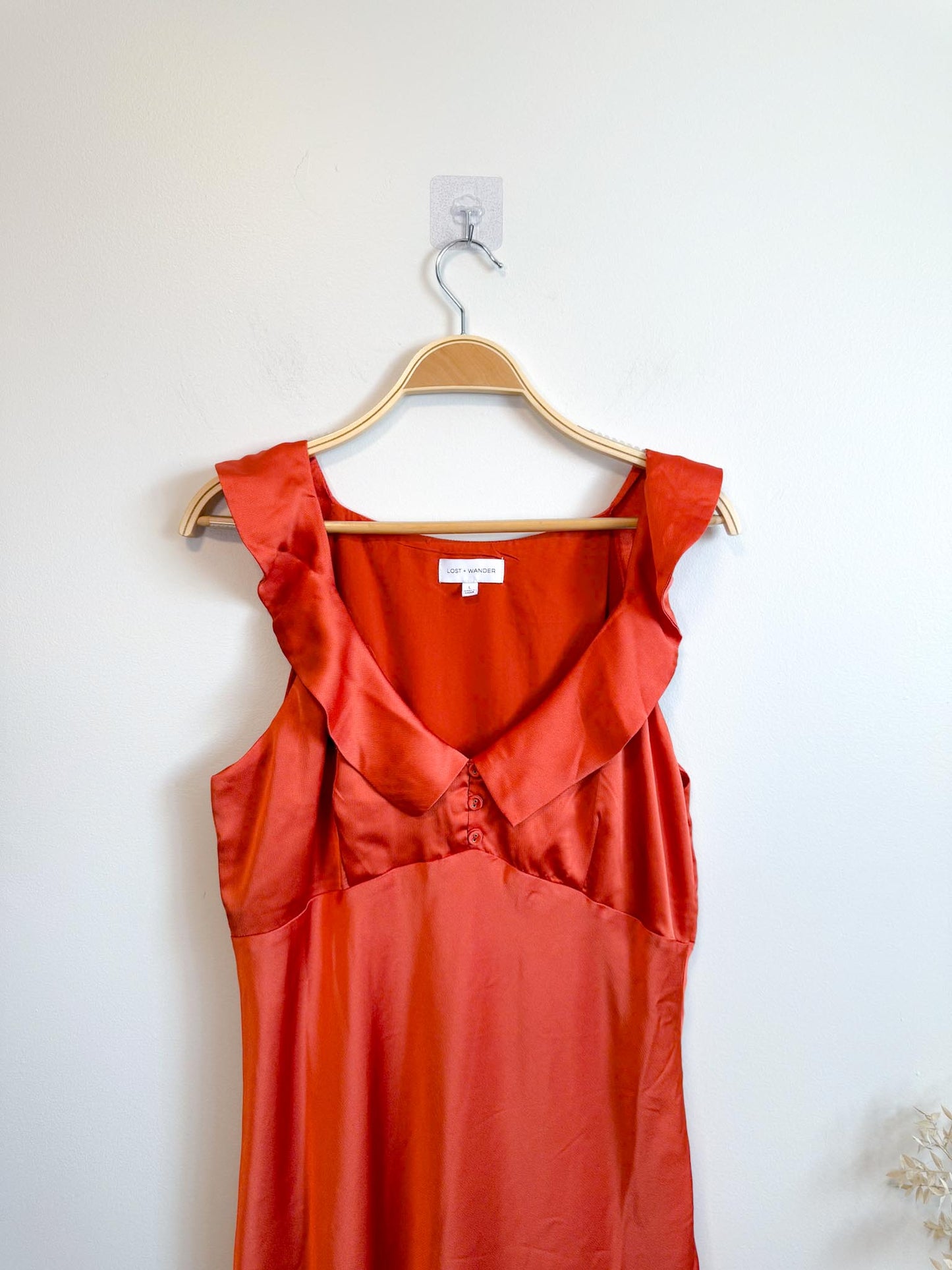 Lost + Wonder Ruffled Satin Midi Dress in Orange (Size L)