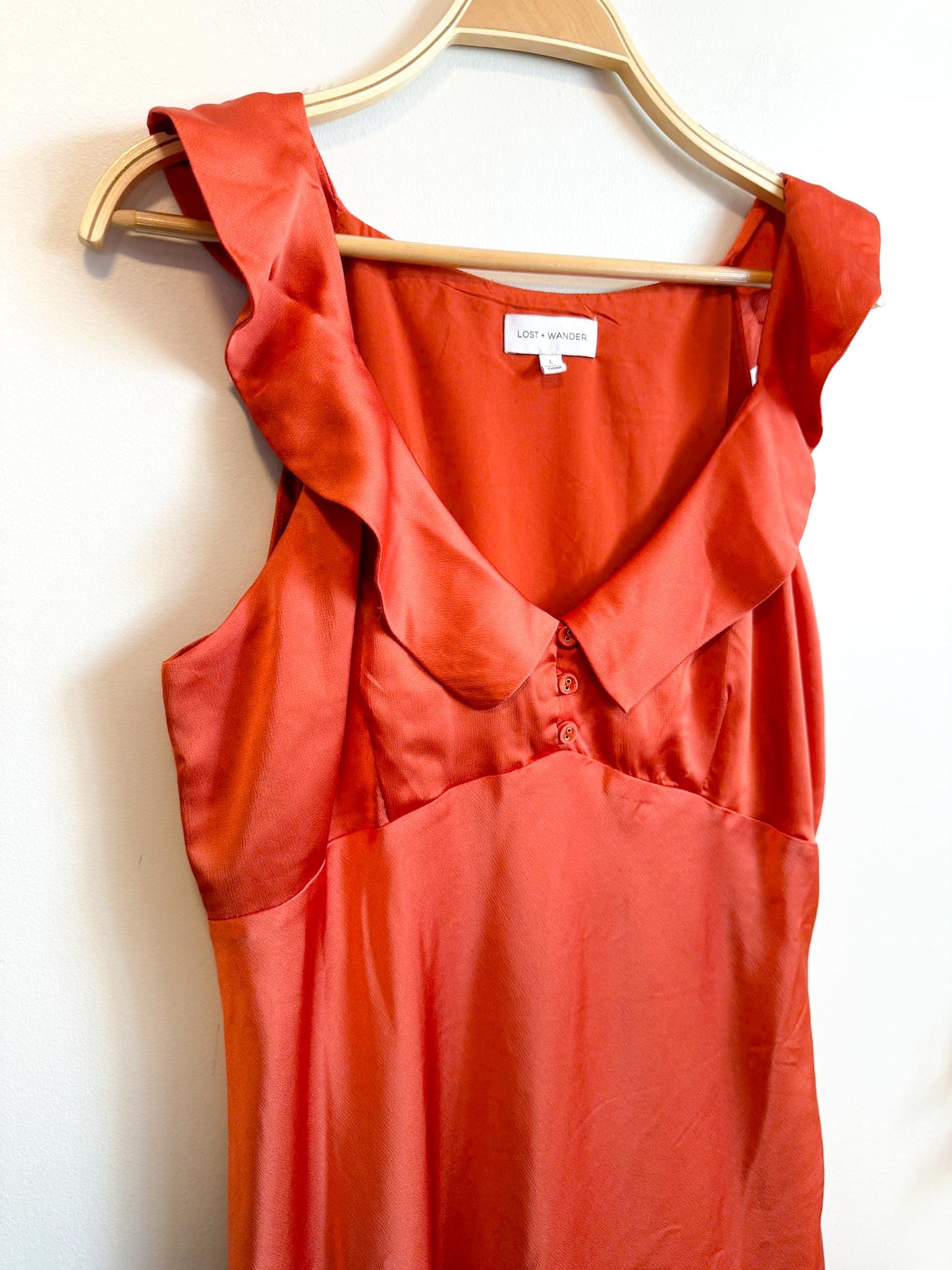Lost + Wonder Ruffled Satin Midi Dress in Orange (Size L)