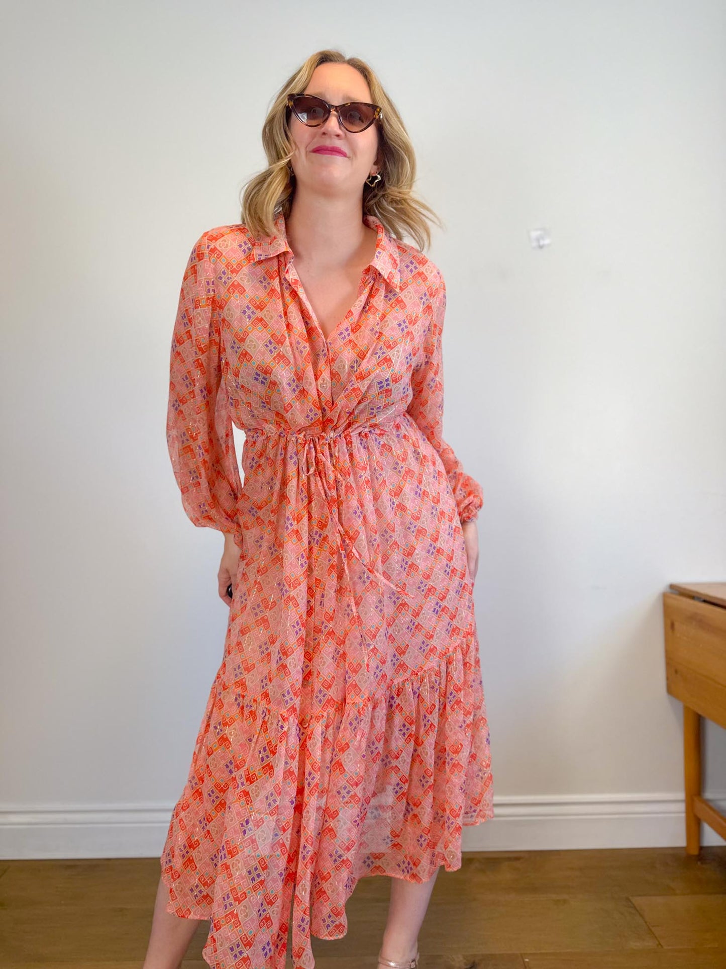 WEILL Silk Long Sleeve Maxi Dress in Pink/Gold (Size L-2XL)