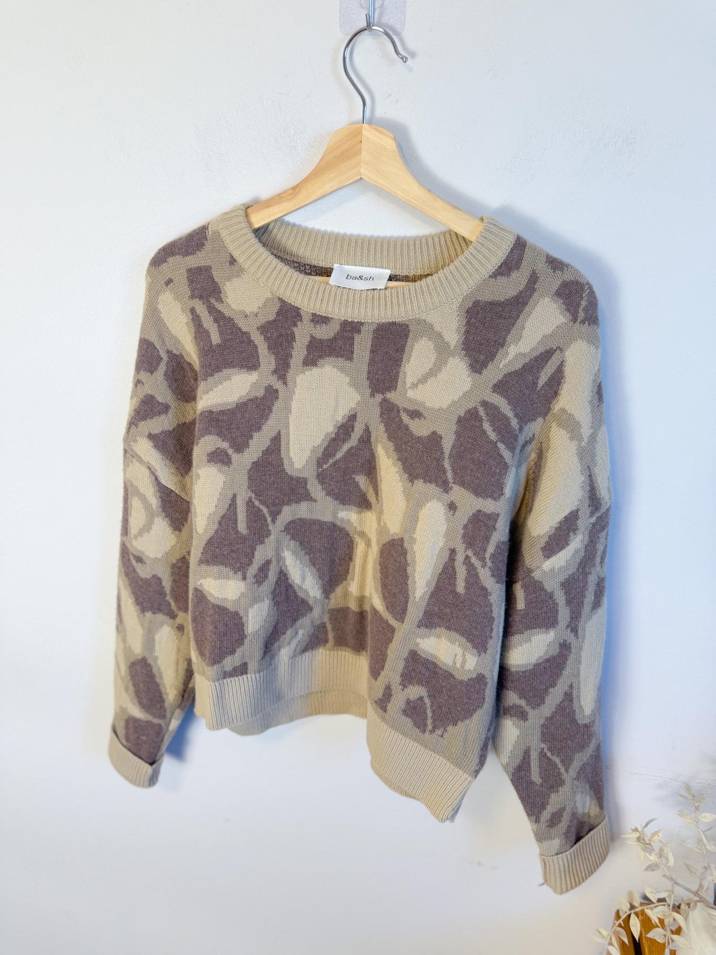 ba&sh Designer Cashmere & Wool Crewneck Sweater in Brown Print (Size M)