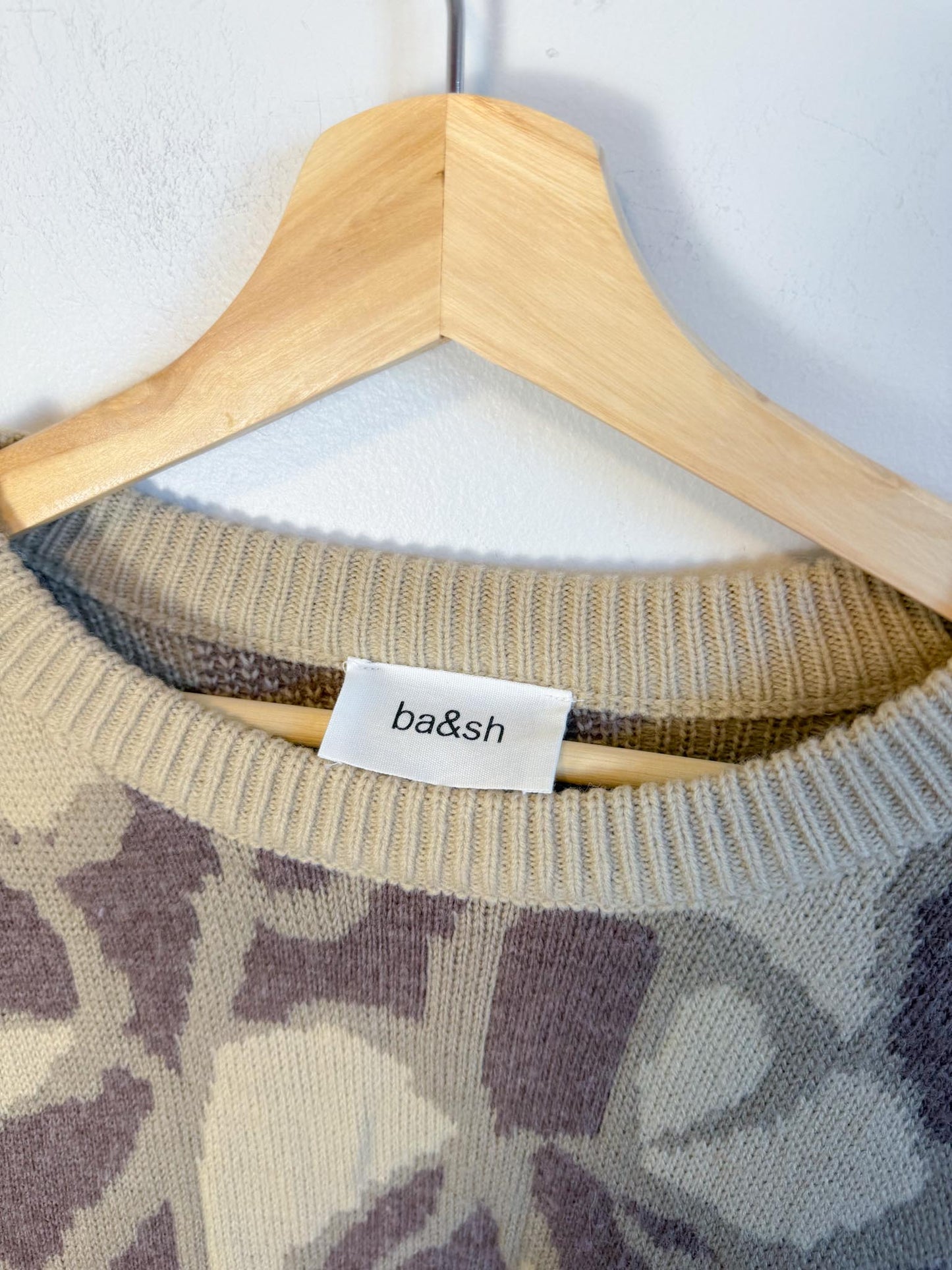 ba&sh Designer Cashmere & Wool Crewneck Sweater in Brown Print (Size M)