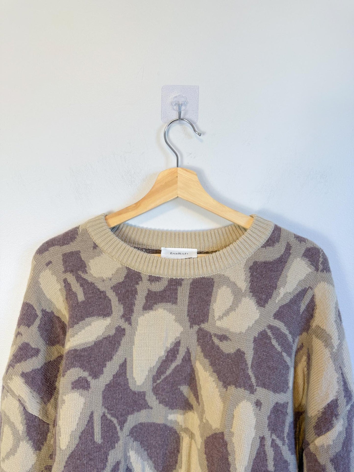 ba&sh Designer Cashmere & Wool Crewneck Sweater in Brown Print (Size M)