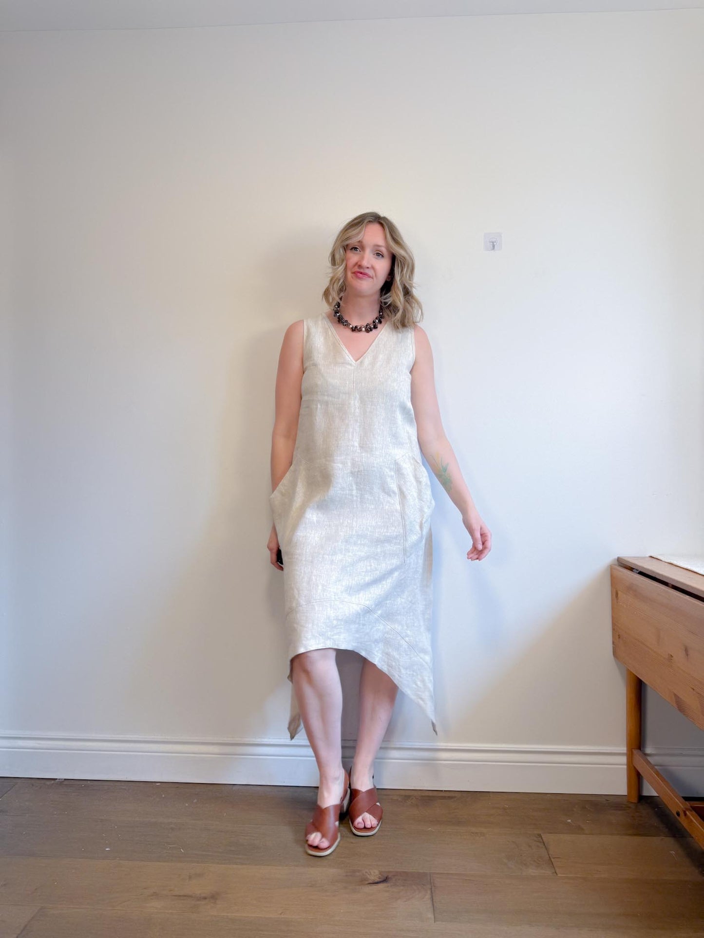Periphery Canadian Linen Assymetrical Midi Dress in Oatmeal (Size S/M)