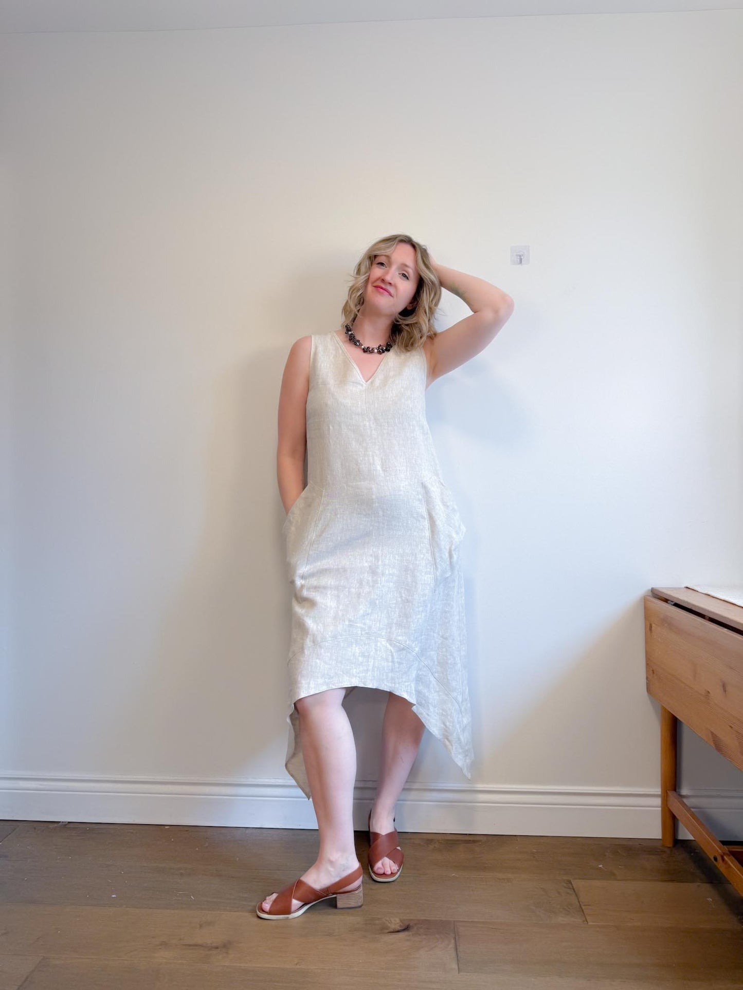 Periphery Canadian Linen Assymetrical Midi Dress in Oatmeal (Size S/M)