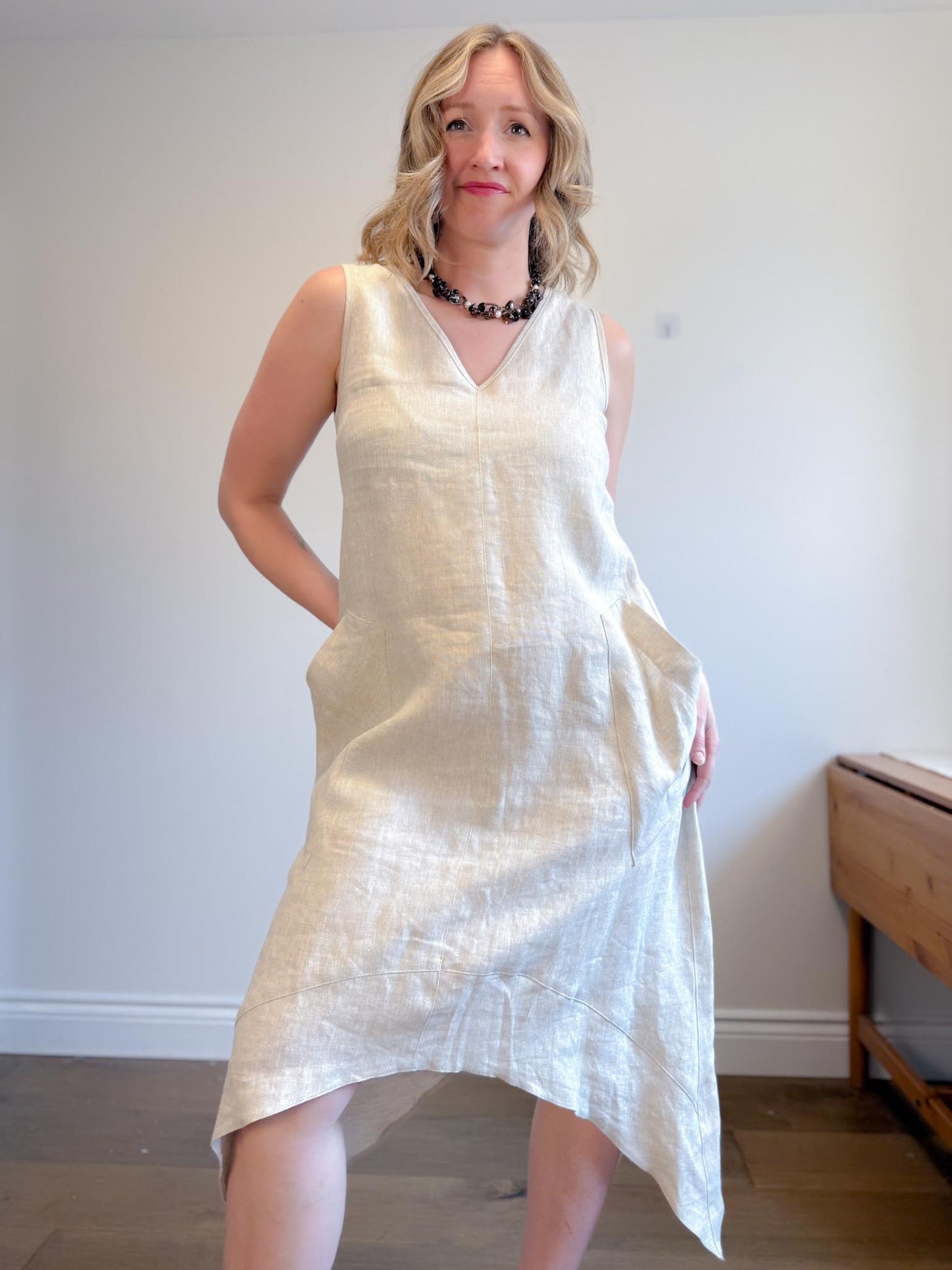 Periphery Canadian Linen Assymetrical Midi Dress in Oatmeal (Size S/M)