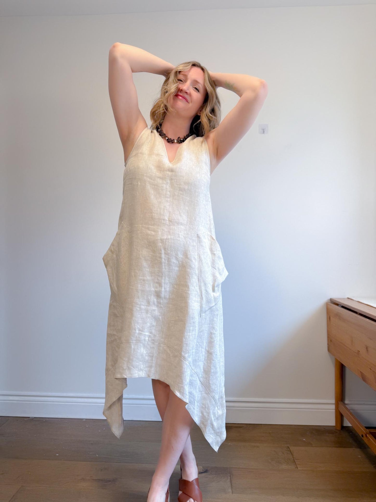 Periphery Canadian Linen Assymetrical Midi Dress in Oatmeal (Size S/M)
