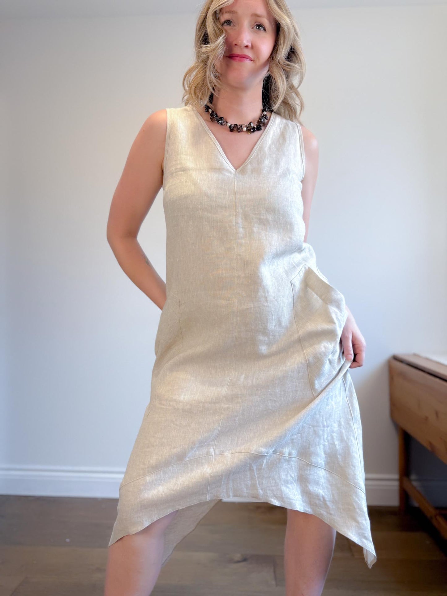 Periphery Canadian Linen Assymetrical Midi Dress in Oatmeal (Size S/M)