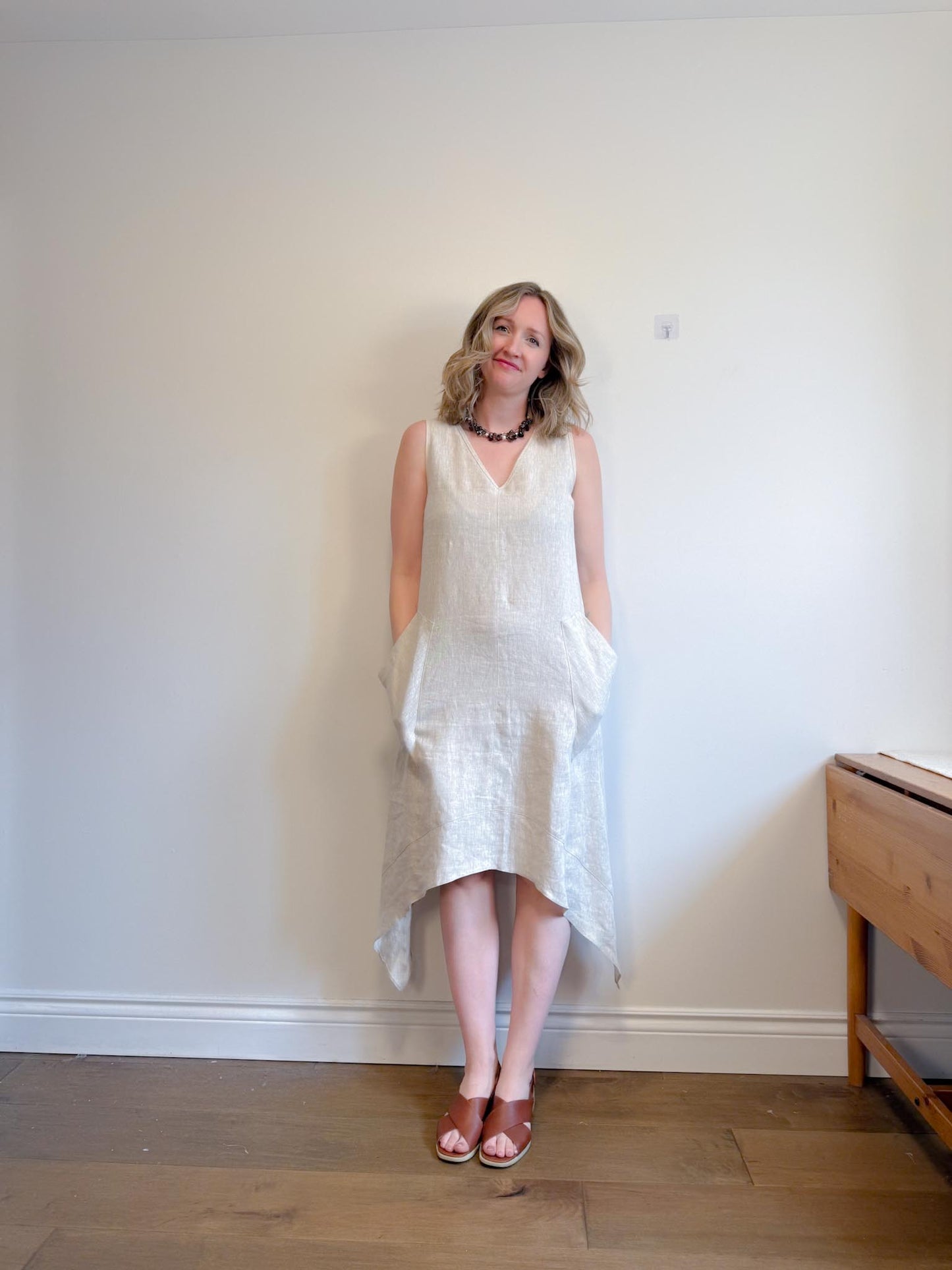 Periphery Canadian Linen Assymetrical Midi Dress in Oatmeal (Size S/M)