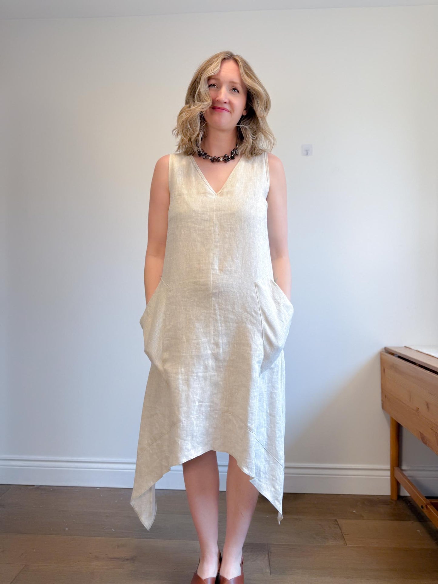 Periphery Canadian Linen Assymetrical Midi Dress in Oatmeal (Size S/M)