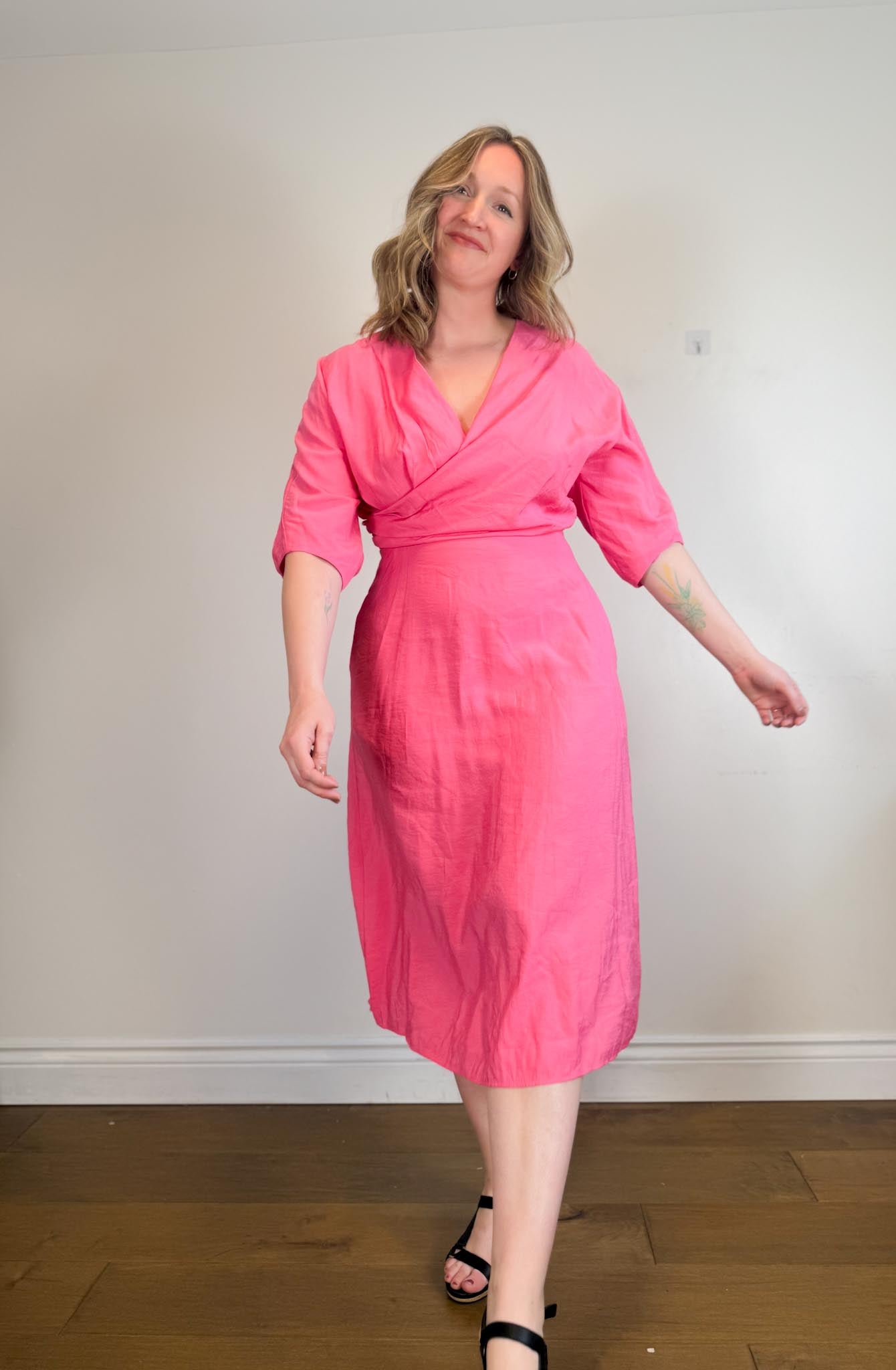 COS Puff Sleeve Midi Dress in Hot Pink (Size M/L)