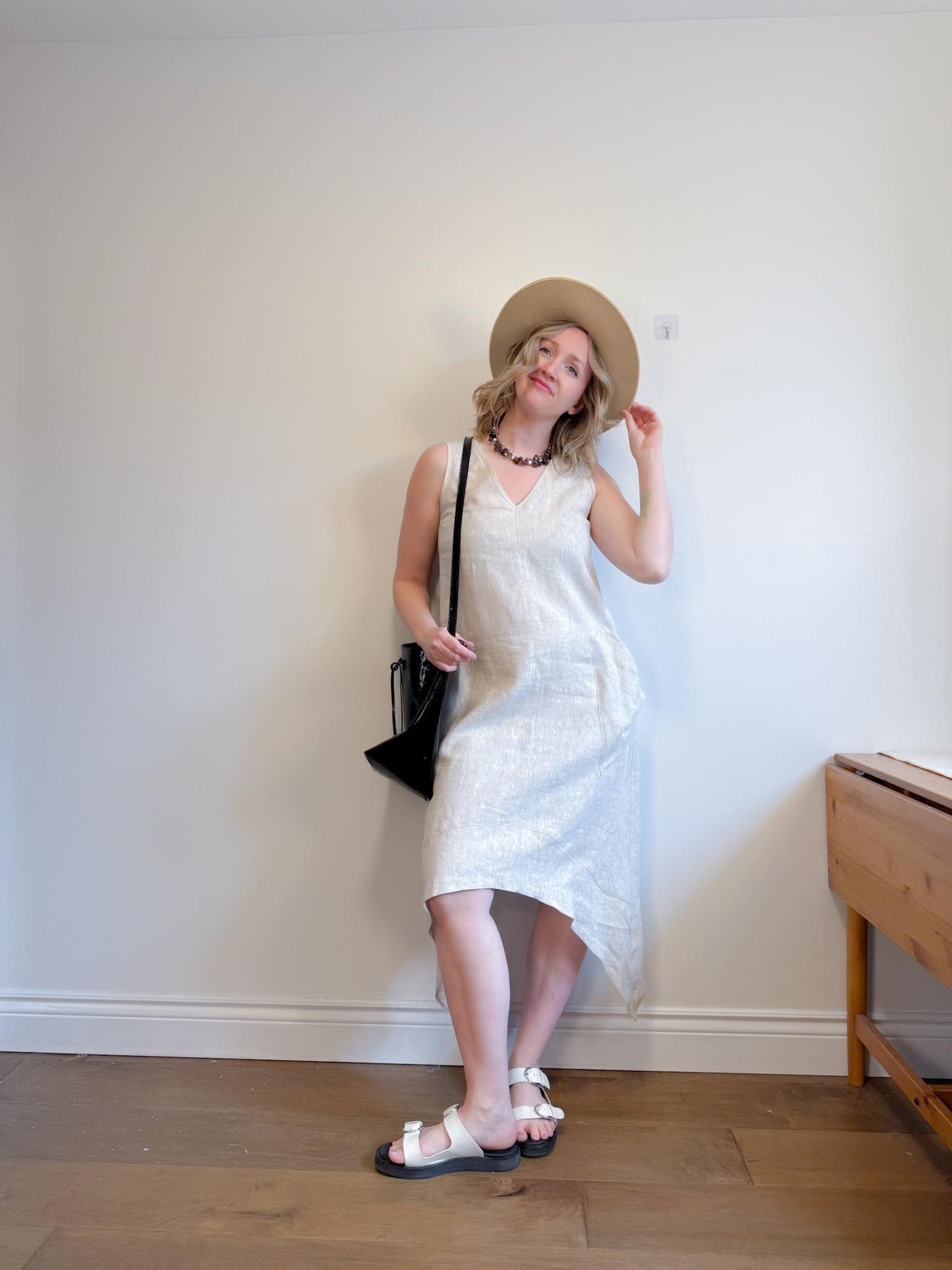 Periphery Canadian Linen Assymetrical Midi Dress in Oatmeal (Size S/M)