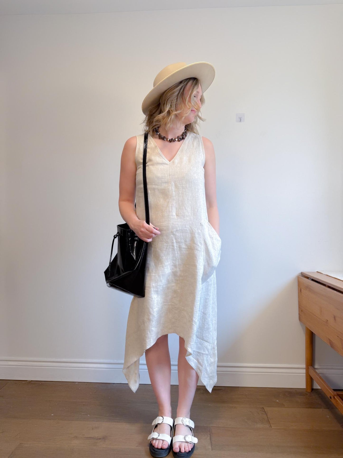 Periphery Canadian Linen Assymetrical Midi Dress in Oatmeal (Size S/M)
