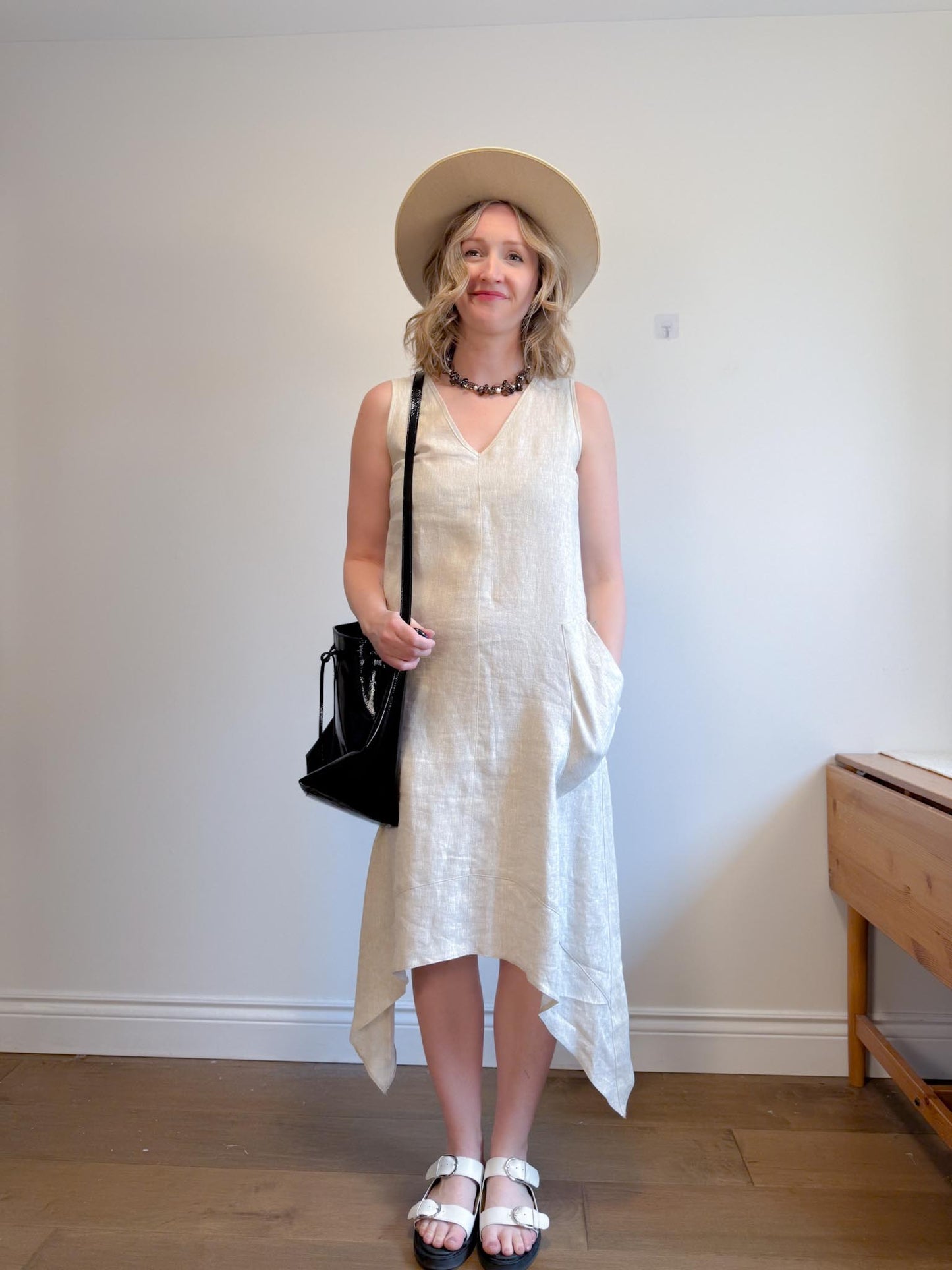 Periphery Canadian Linen Assymetrical Midi Dress in Oatmeal (Size S/M)