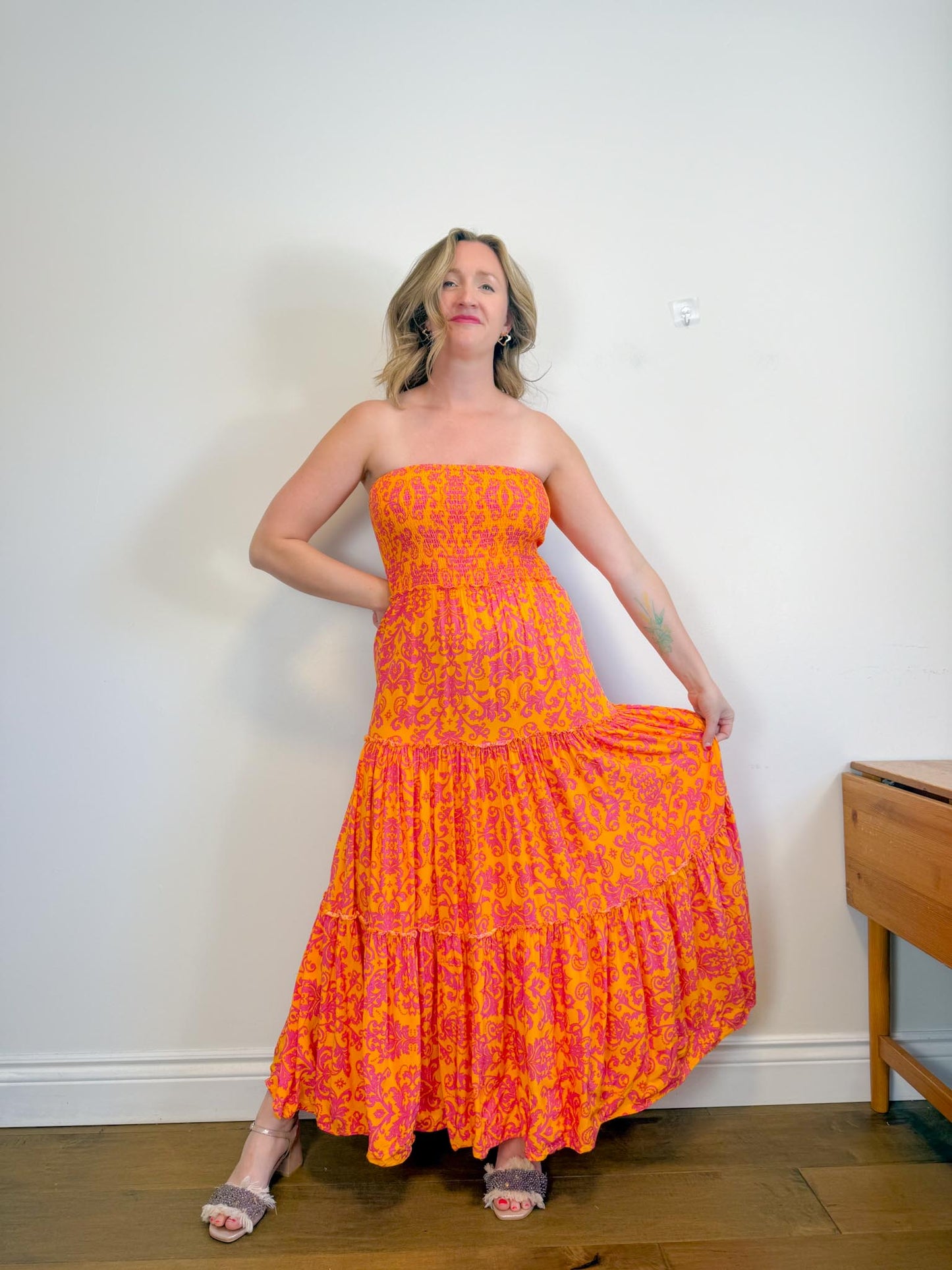 Anthropologie Abel the Label Strapless Smocked Maxi Dress in Pink/Orange Floral (Size M/L)