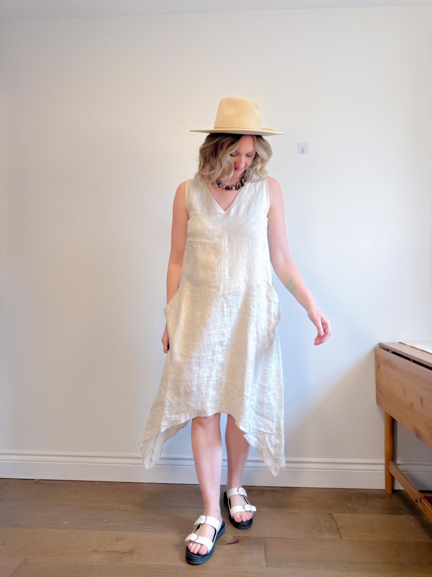 Periphery Canadian Linen Assymetrical Midi Dress in Oatmeal (Size S/M)