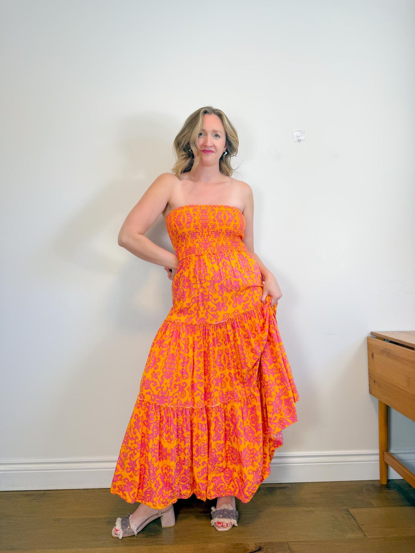 Anthropologie Abel the Label Strapless Smocked Maxi Dress in Pink/Orange Floral (Size M/L)