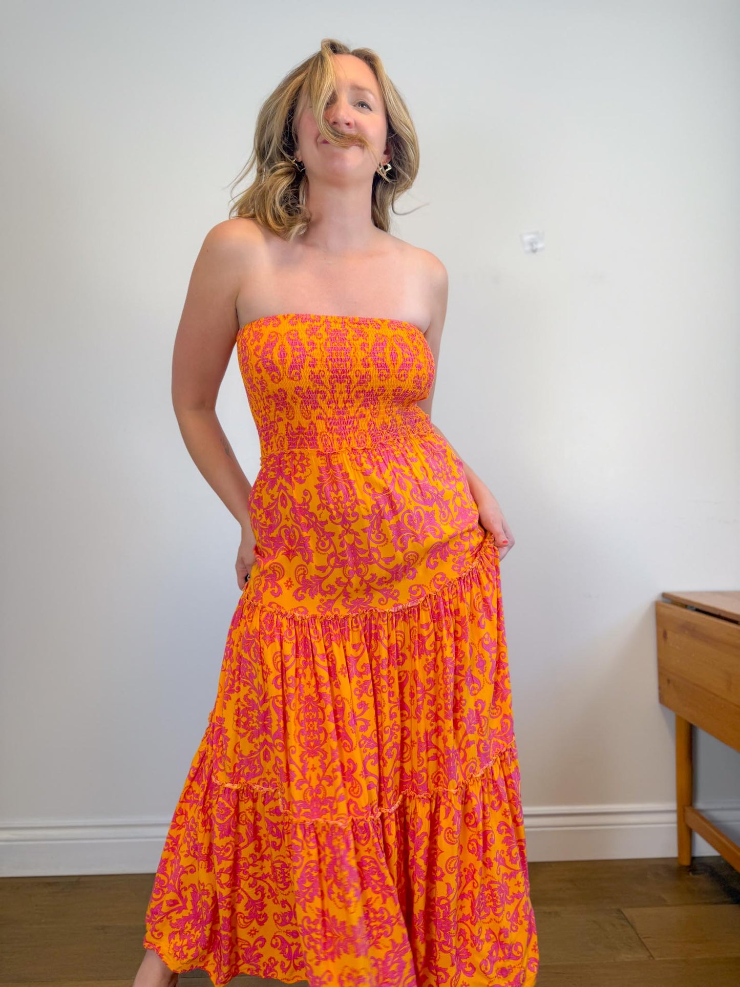 Anthropologie Abel the Label Strapless Smocked Maxi Dress in Pink/Orange Floral (Size M/L)