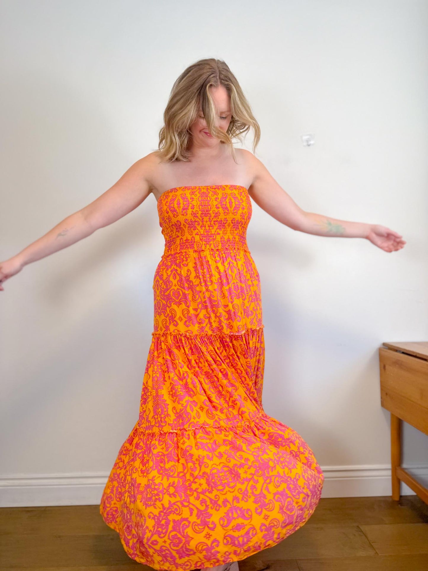 Anthropologie Abel the Label Strapless Smocked Maxi Dress in Pink/Orange Floral (Size M/L)