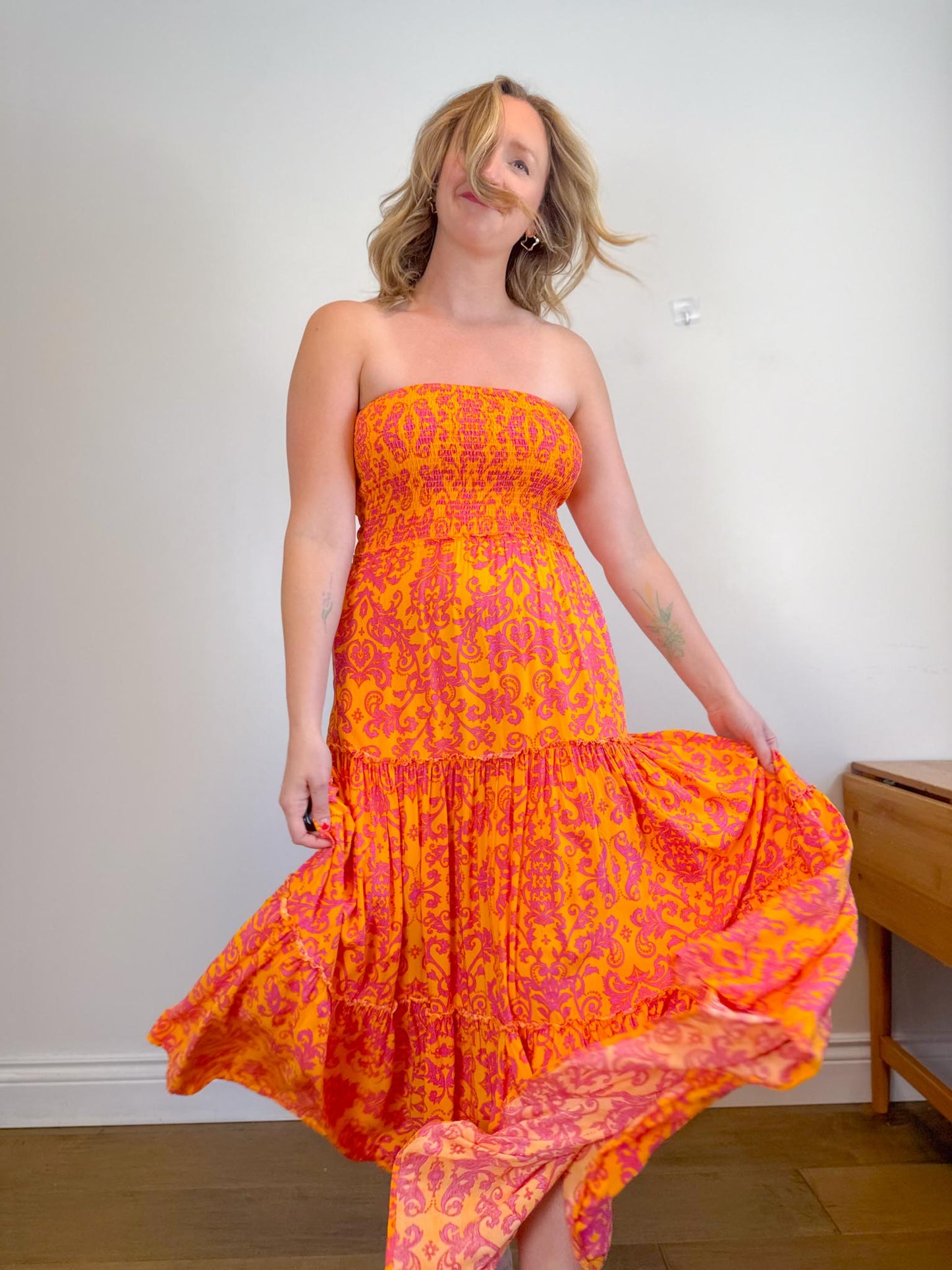 Anthropologie Abel the Label Strapless Smocked Maxi Dress in Pink/Orange Floral (Size M/L)