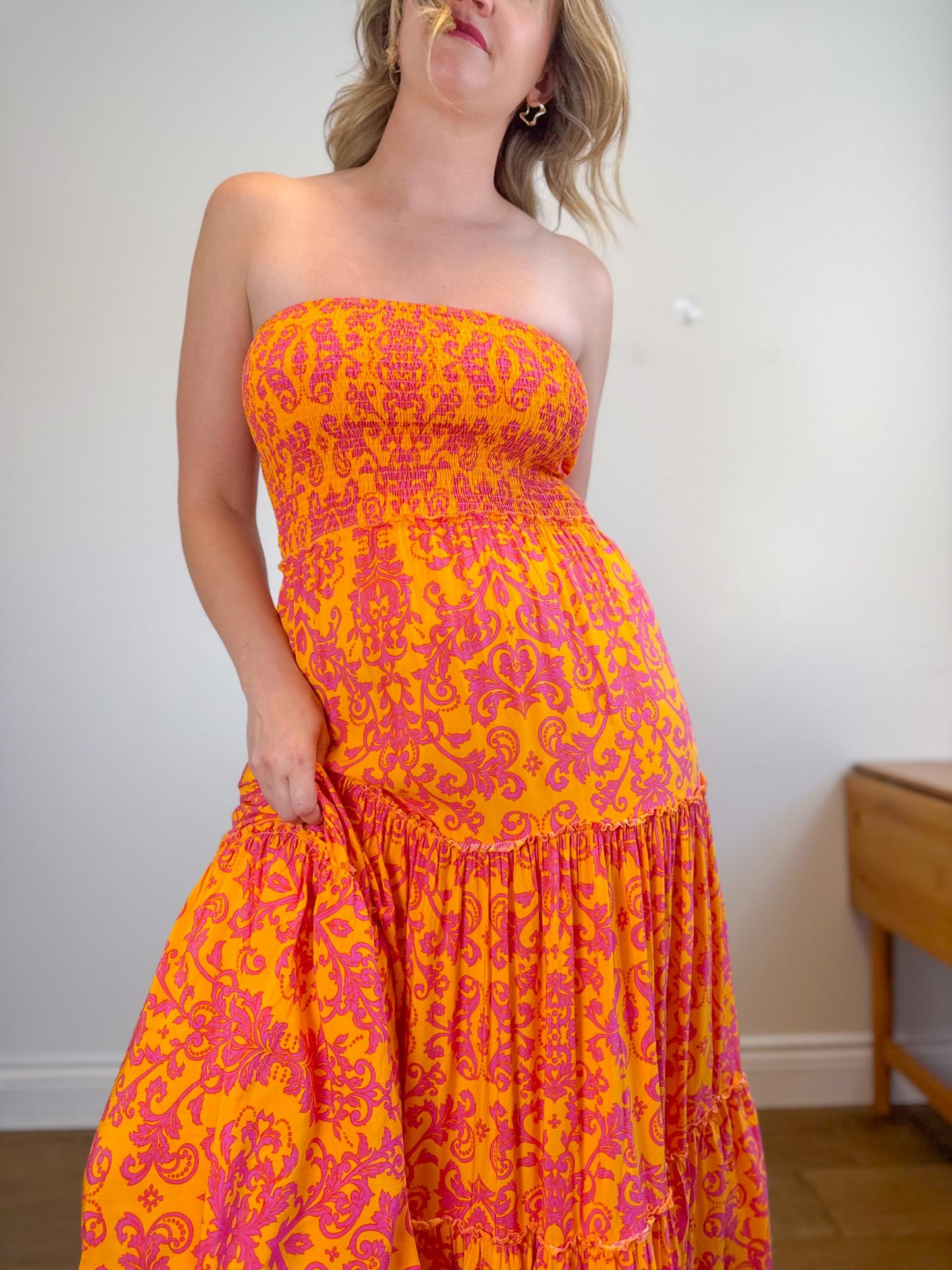 Anthropologie Abel the Label Strapless Smocked Maxi Dress in Pink/Orange Floral (Size M/L)