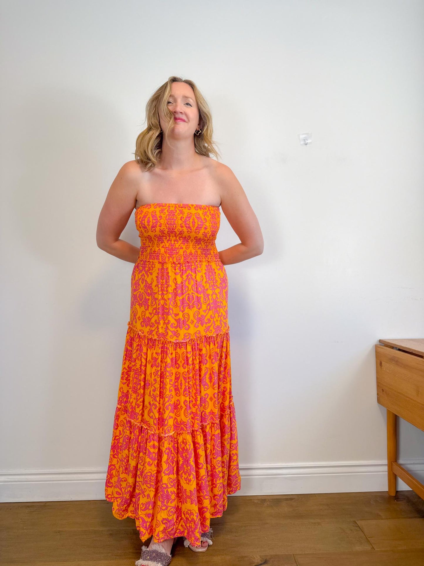Anthropologie Abel the Label Strapless Smocked Maxi Dress in Pink/Orange Floral (Size M/L)