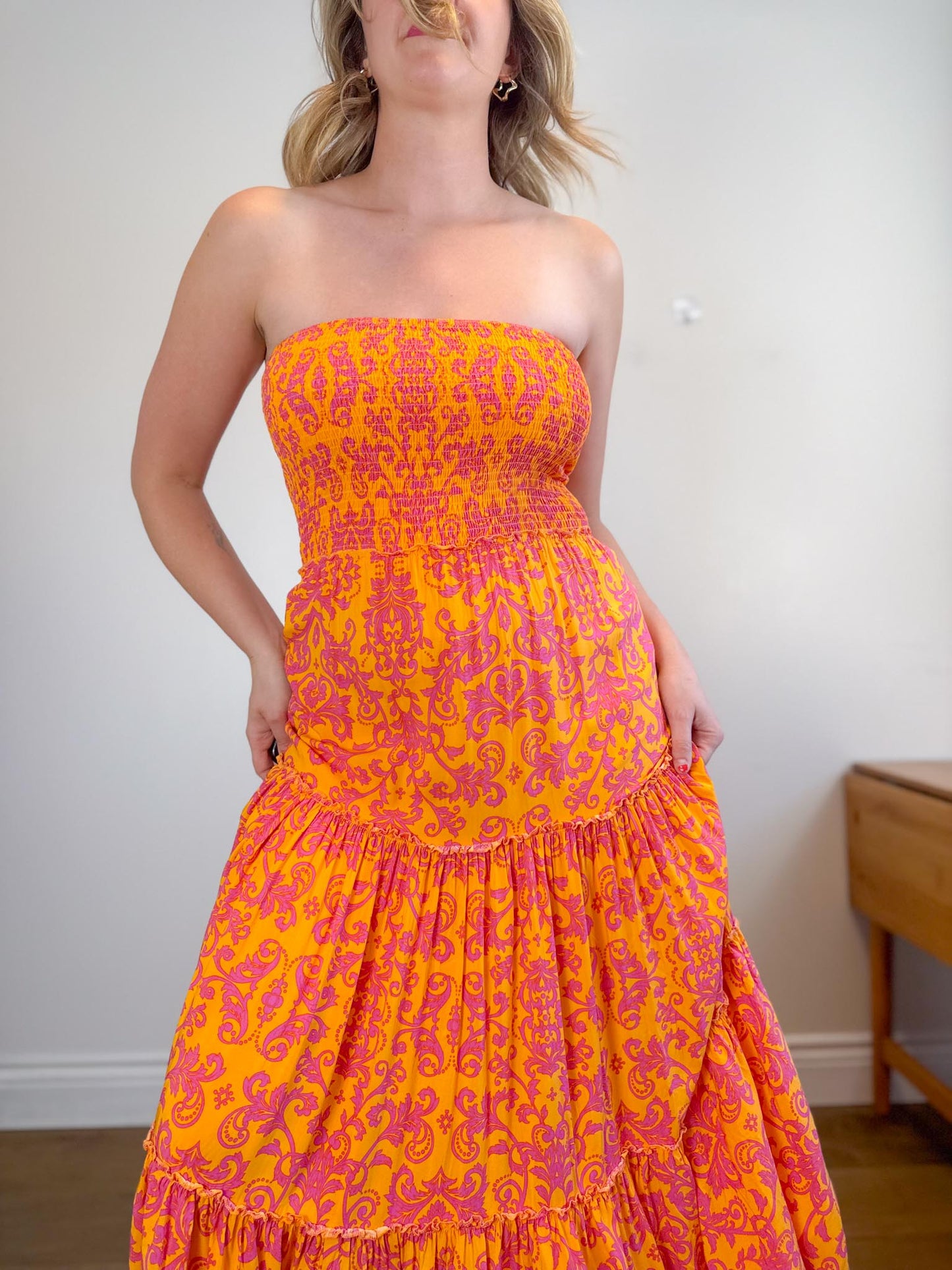 Anthropologie Abel the Label Strapless Smocked Maxi Dress in Pink/Orange Floral (Size M/L)