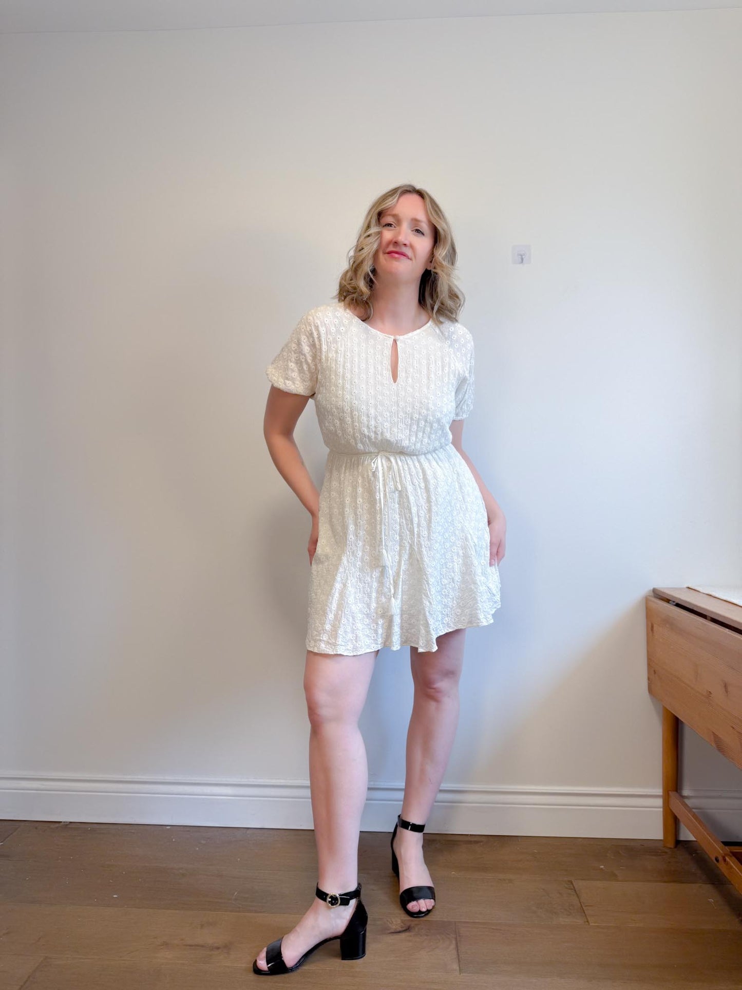Madewell "Eyelet Tassel-Tie Mini Dress in Ivory" (Size 12)