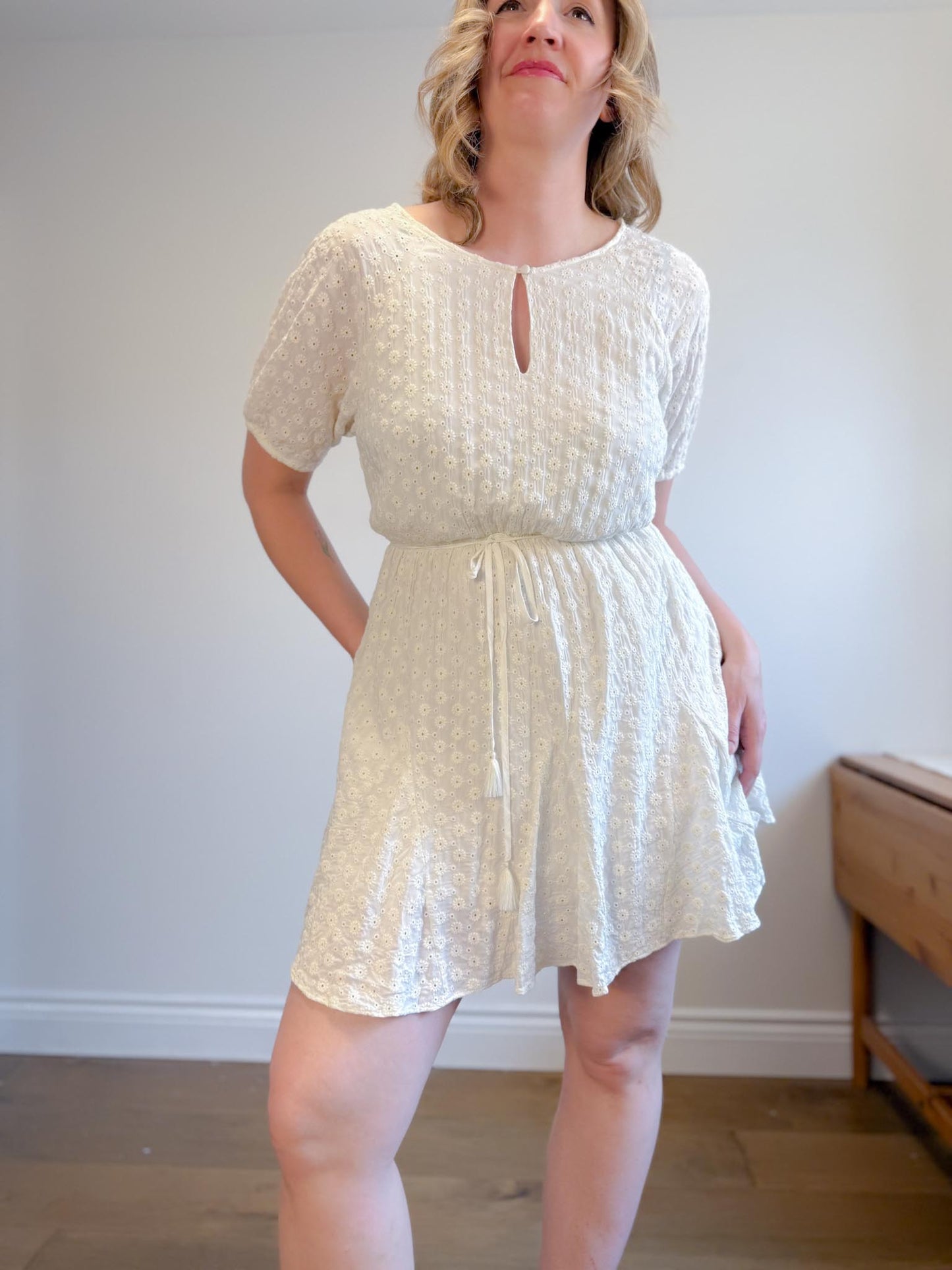 Madewell "Eyelet Tassel-Tie Mini Dress in Ivory" (Size 12)