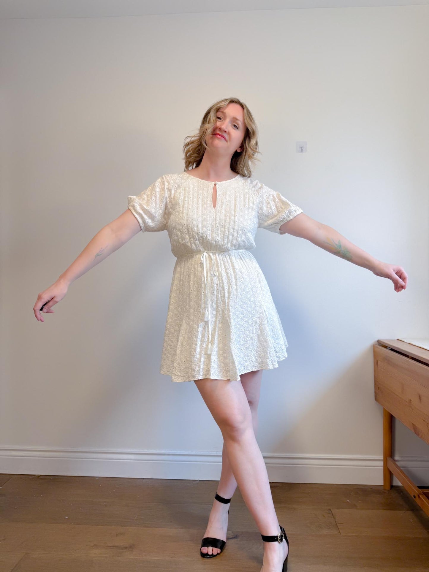 Madewell "Eyelet Tassel-Tie Mini Dress in Ivory" (Size 12)