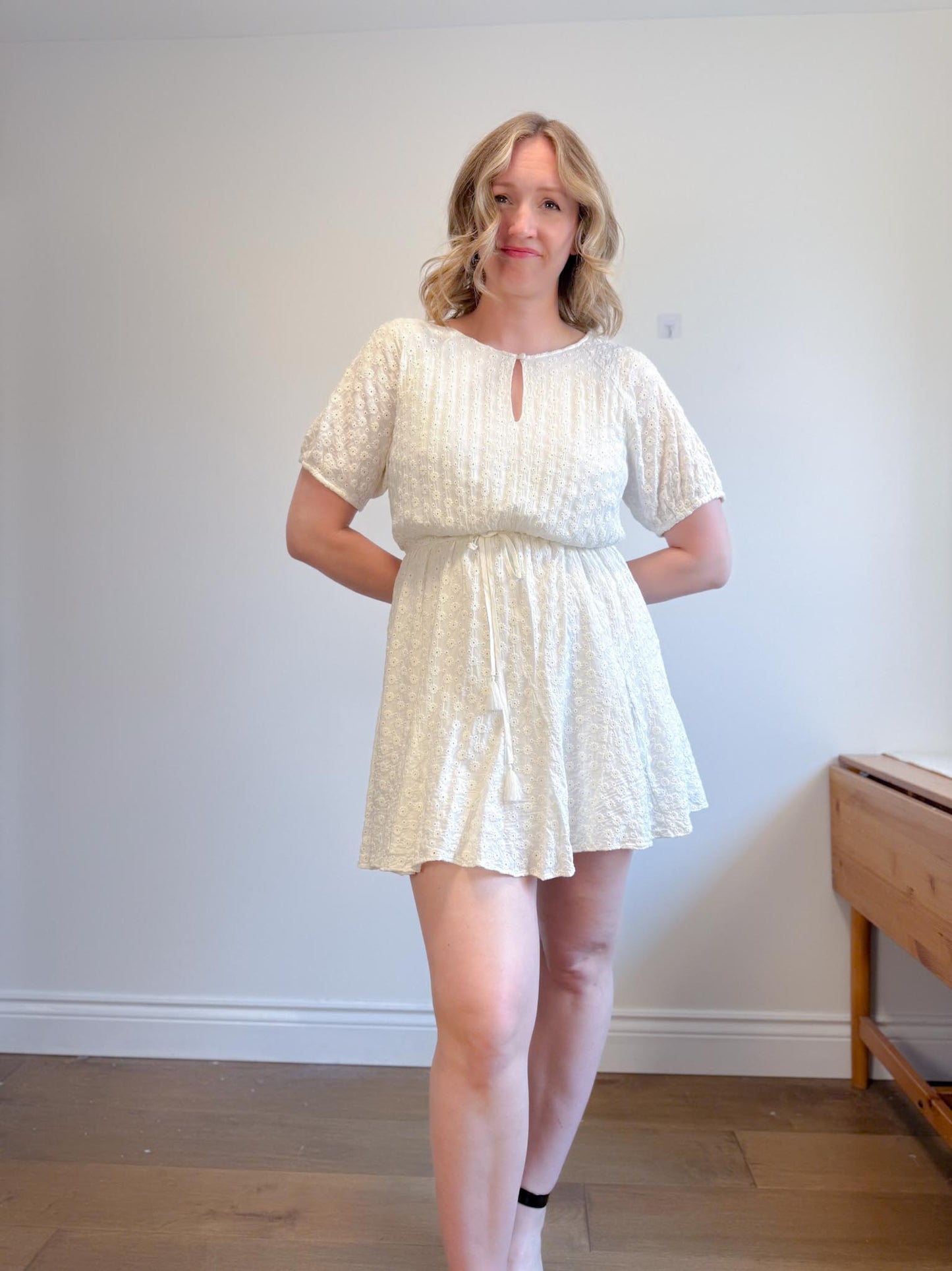 Madewell "Eyelet Tassel-Tie Mini Dress in Ivory" (Size 12)