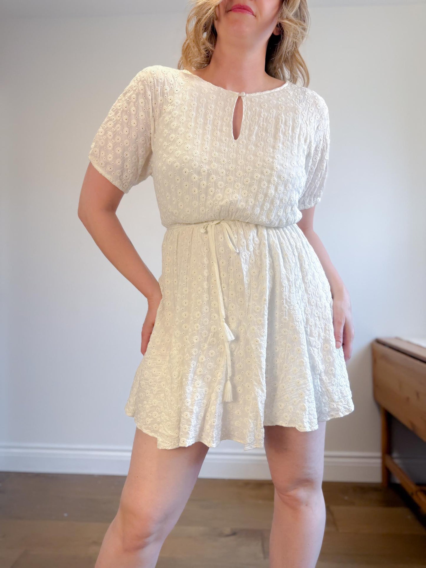 Madewell "Eyelet Tassel-Tie Mini Dress in Ivory" (Size 12)