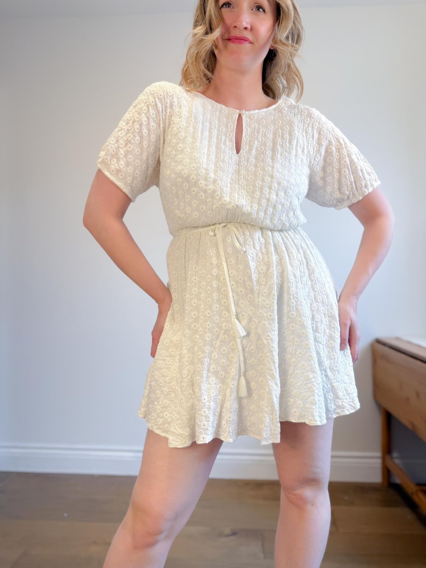 Madewell "Eyelet Tassel-Tie Mini Dress in Ivory" (Size 12)