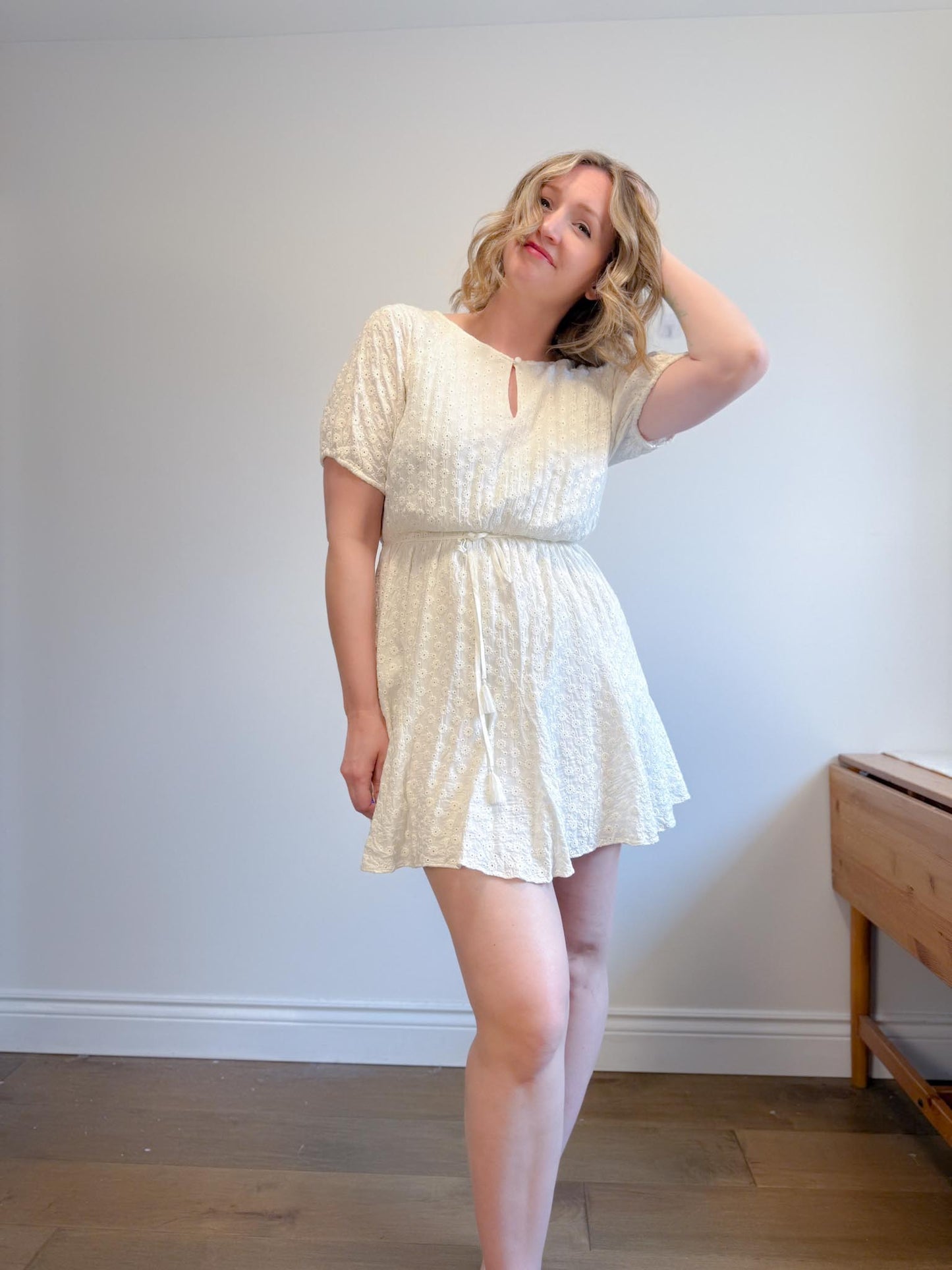 Madewell "Eyelet Tassel-Tie Mini Dress in Ivory" (Size 12)
