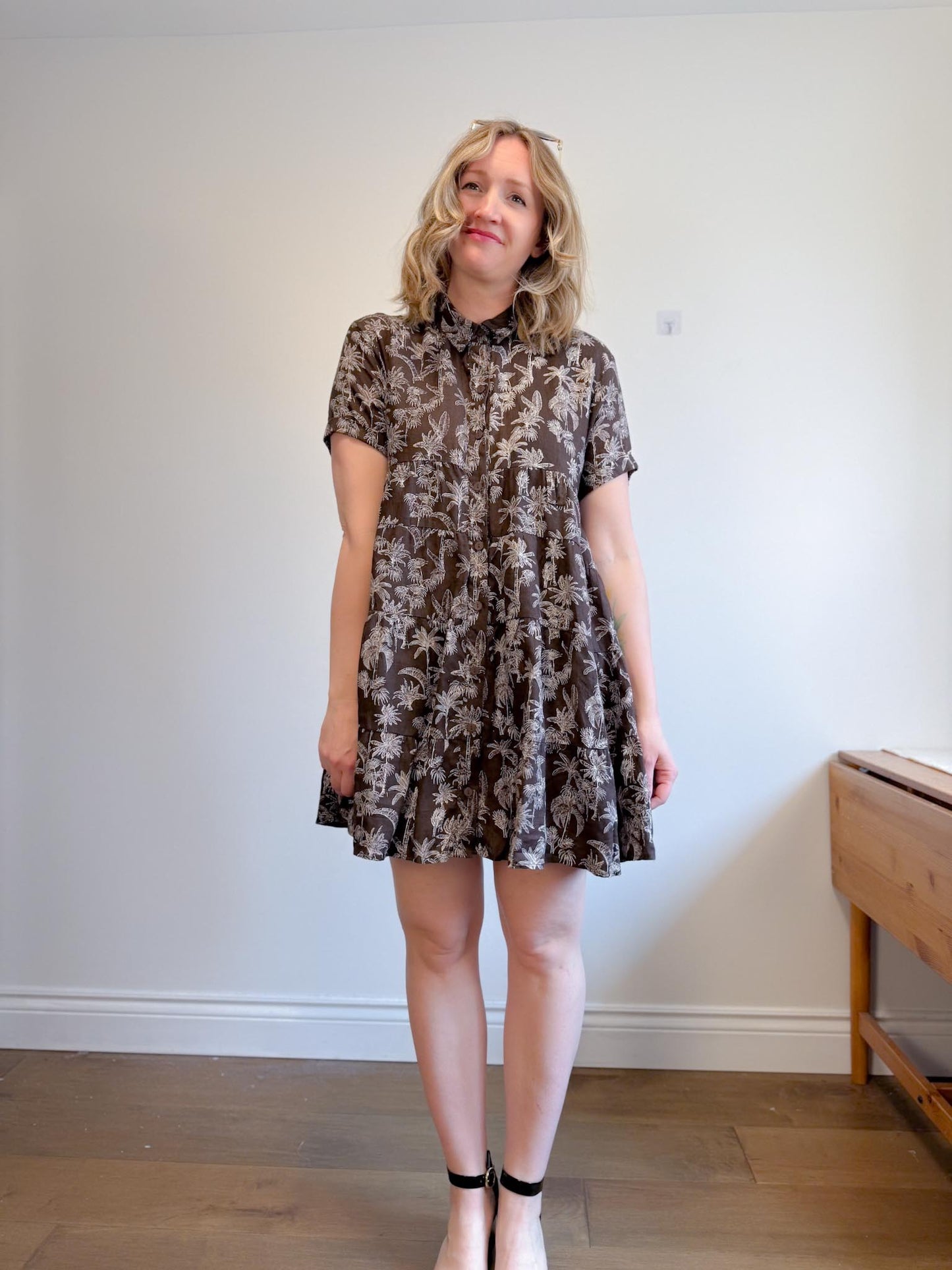 DECJUBA Babydoll Linen Mini Dress in Brown/White Print (Size S-L)