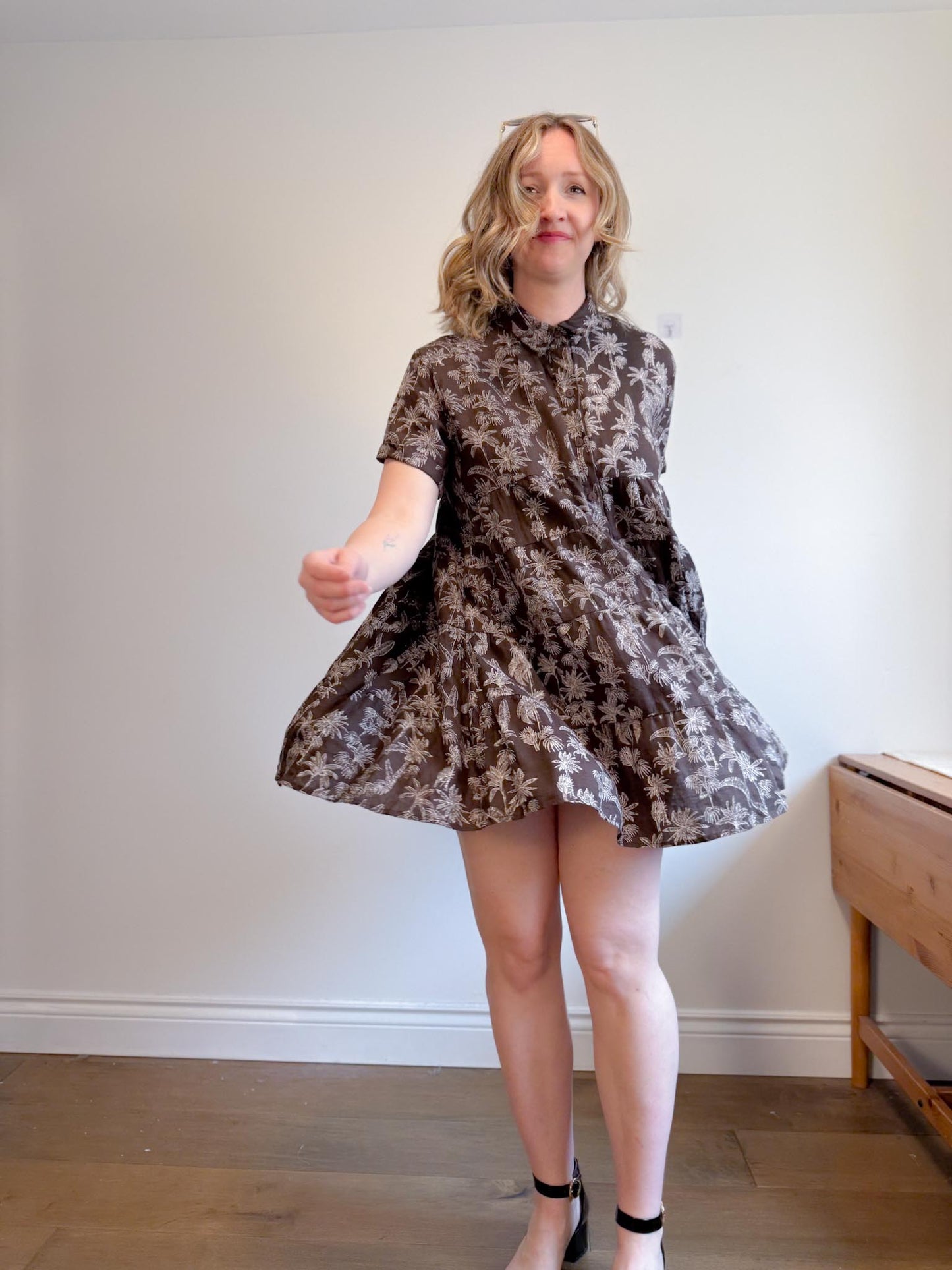DECJUBA Babydoll Linen Mini Dress in Brown/White Print (Size S-L)