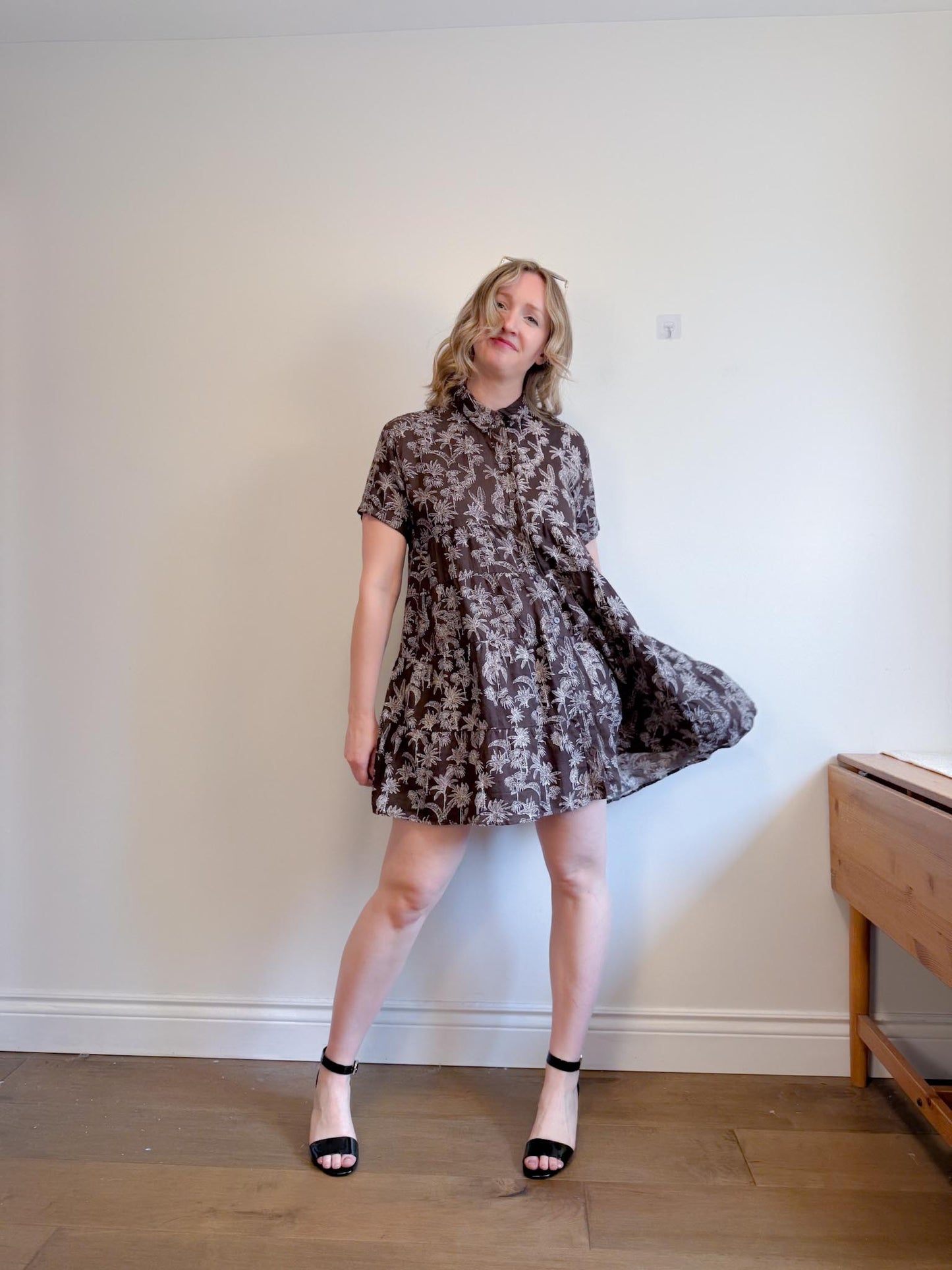 DECJUBA Babydoll Linen Mini Dress in Brown/White Print (Size S-L)