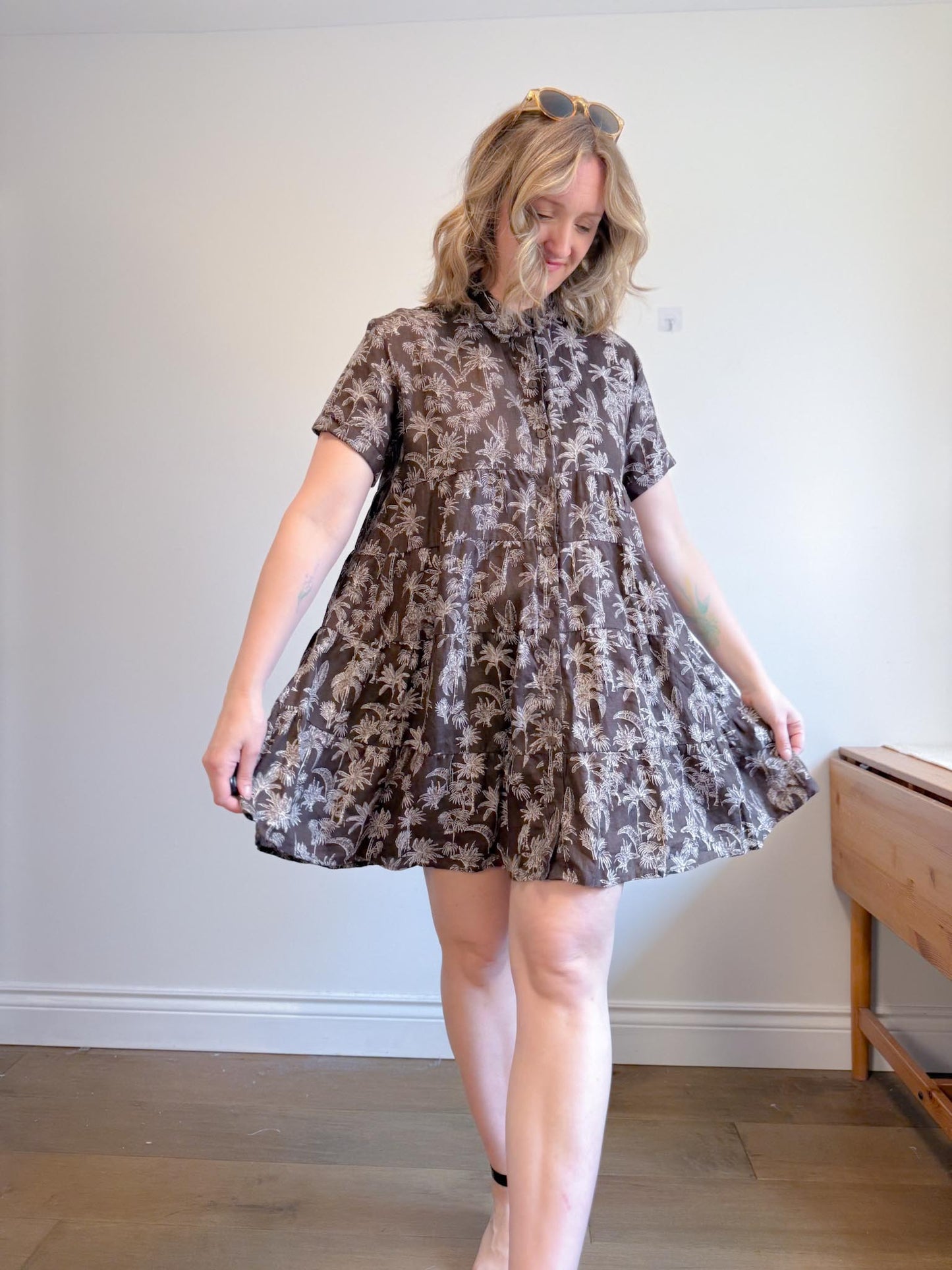 DECJUBA Babydoll Linen Mini Dress in Brown/White Print (Size S-L)