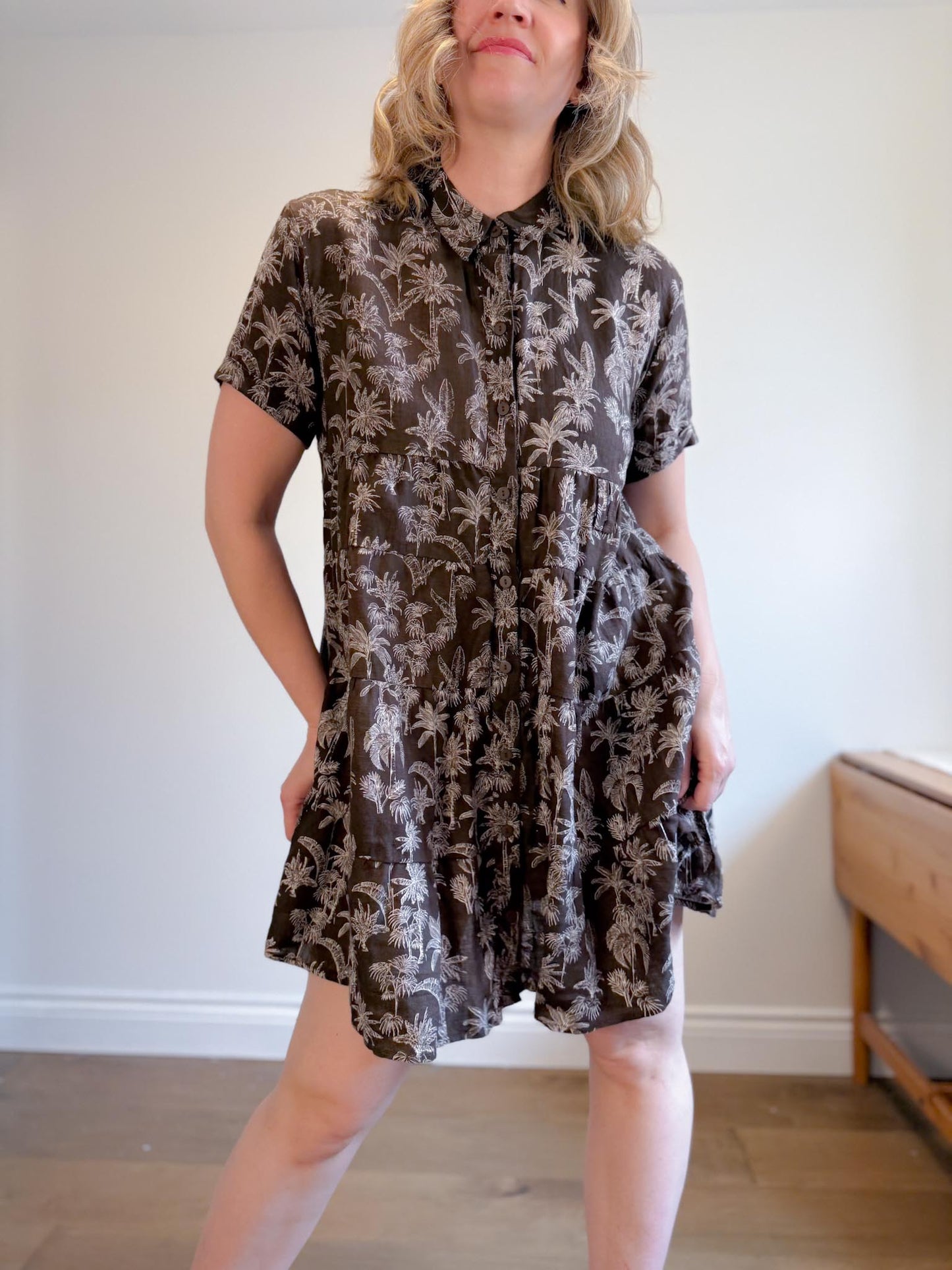 DECJUBA Babydoll Linen Mini Dress in Brown/White Print (Size S-L)