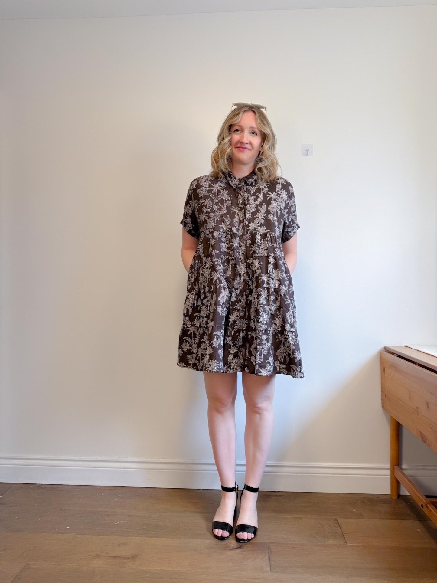 DECJUBA Babydoll Linen Mini Dress in Brown/White Print (Size S-L)
