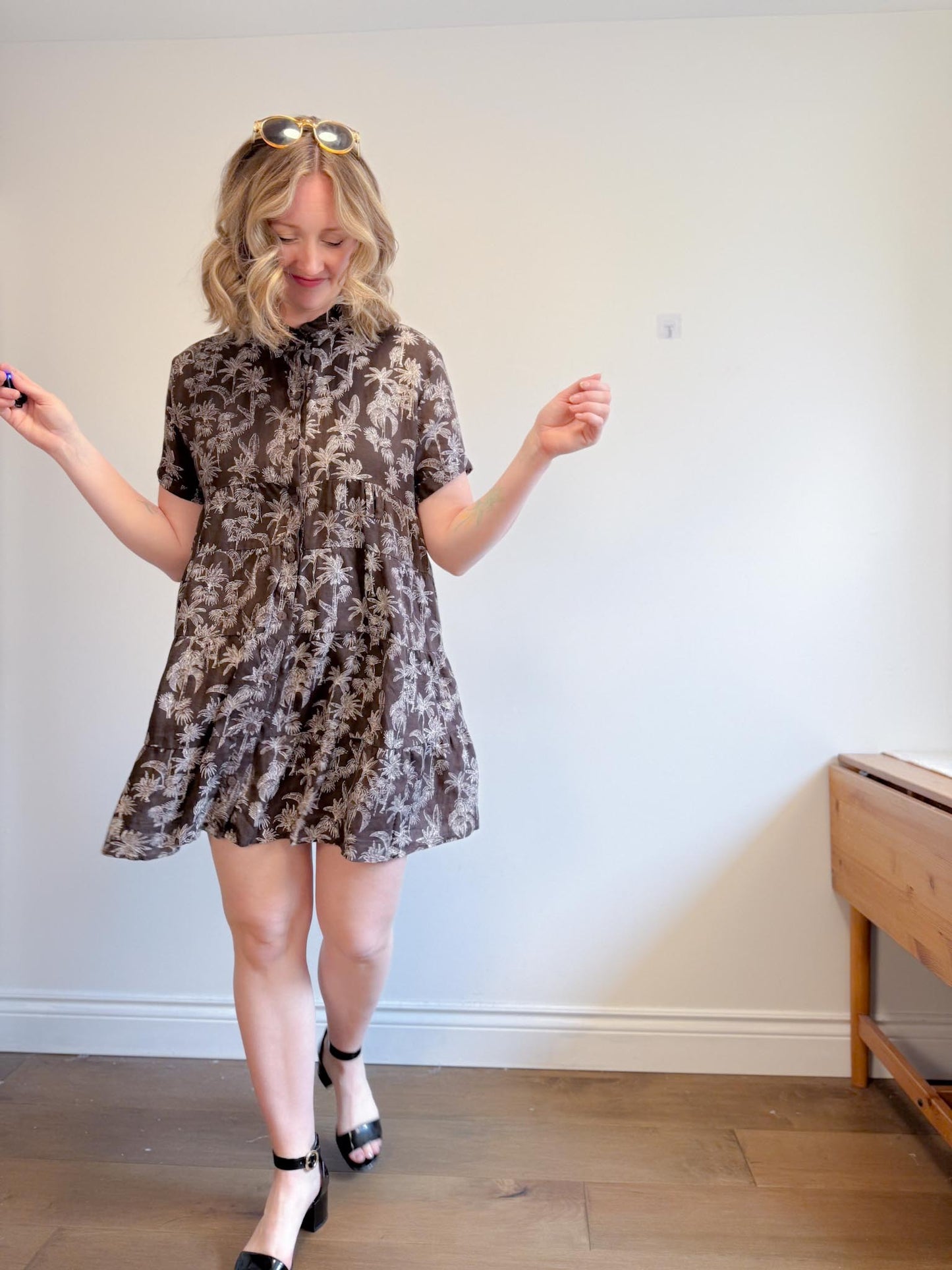 DECJUBA Babydoll Linen Mini Dress in Brown/White Print (Size S-L)